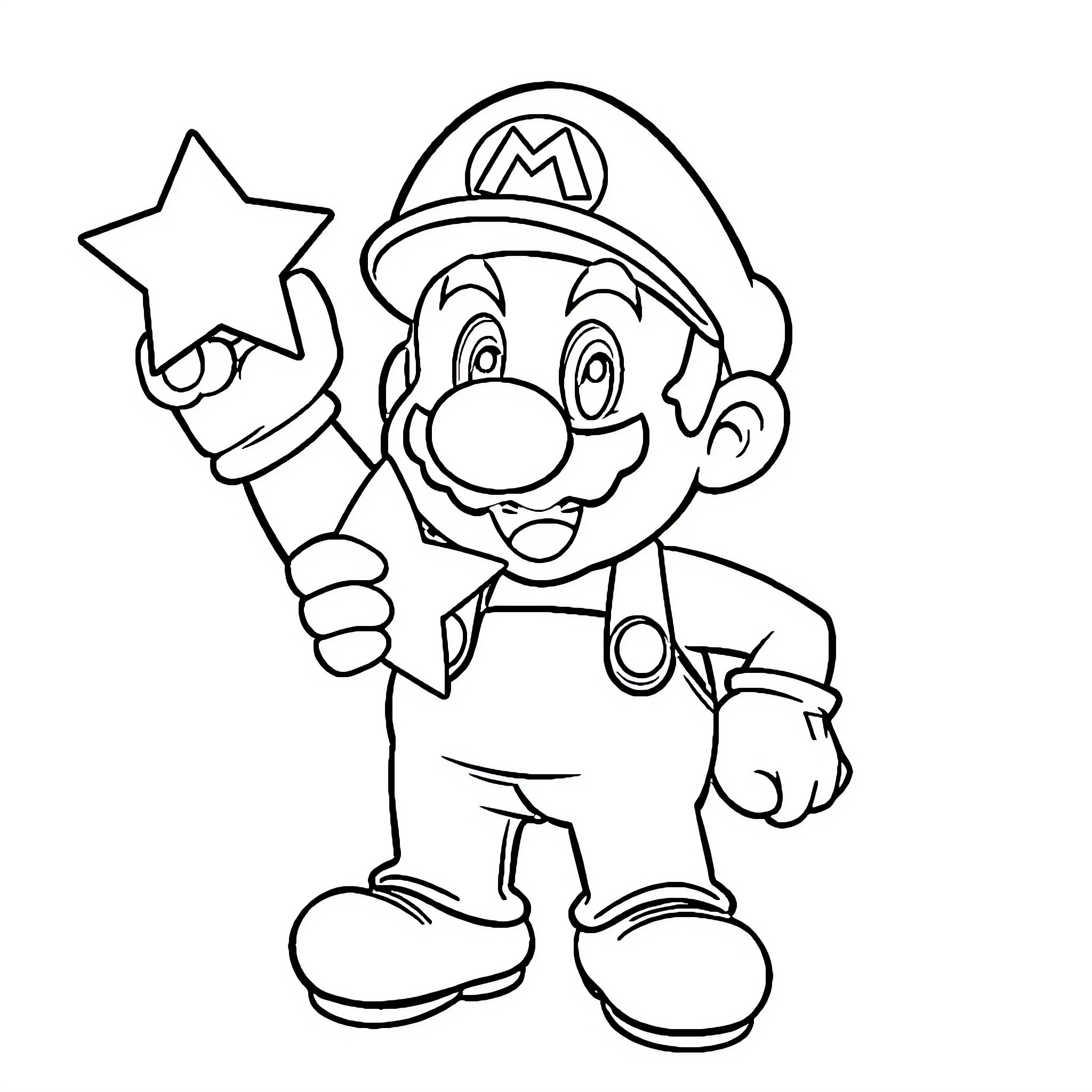 Mario Holding a Star and Smiling Coloring Page (free black-and-white line drawing printable PDF for all, from beginners to advanced learners, including children, teens, adults, and seniors)