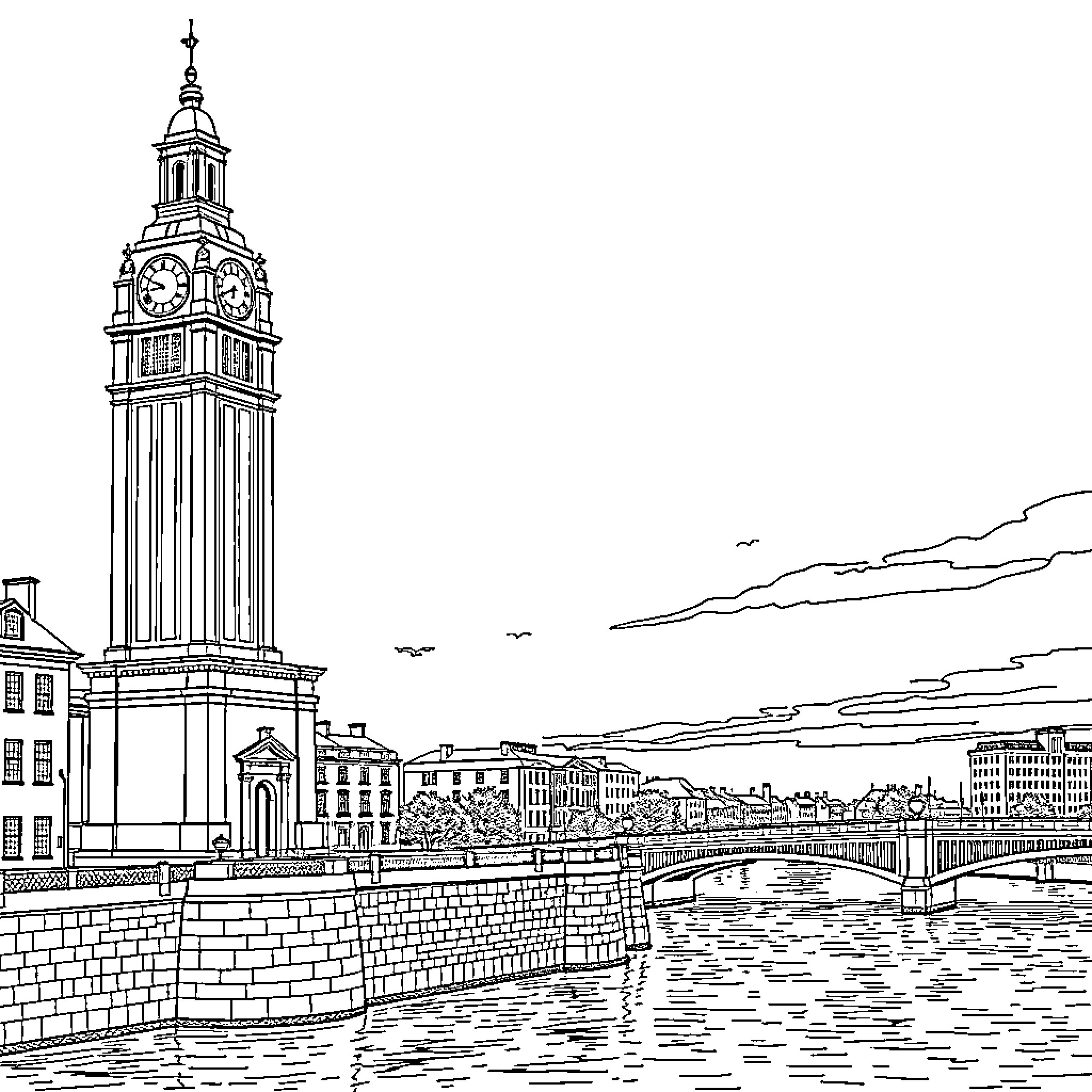 Clock Tower overlooking a city landscape Coloring Page (free black-and-white line drawing printable PDF for all, from beginners to advanced learners, including children, teens, adults, and seniors)