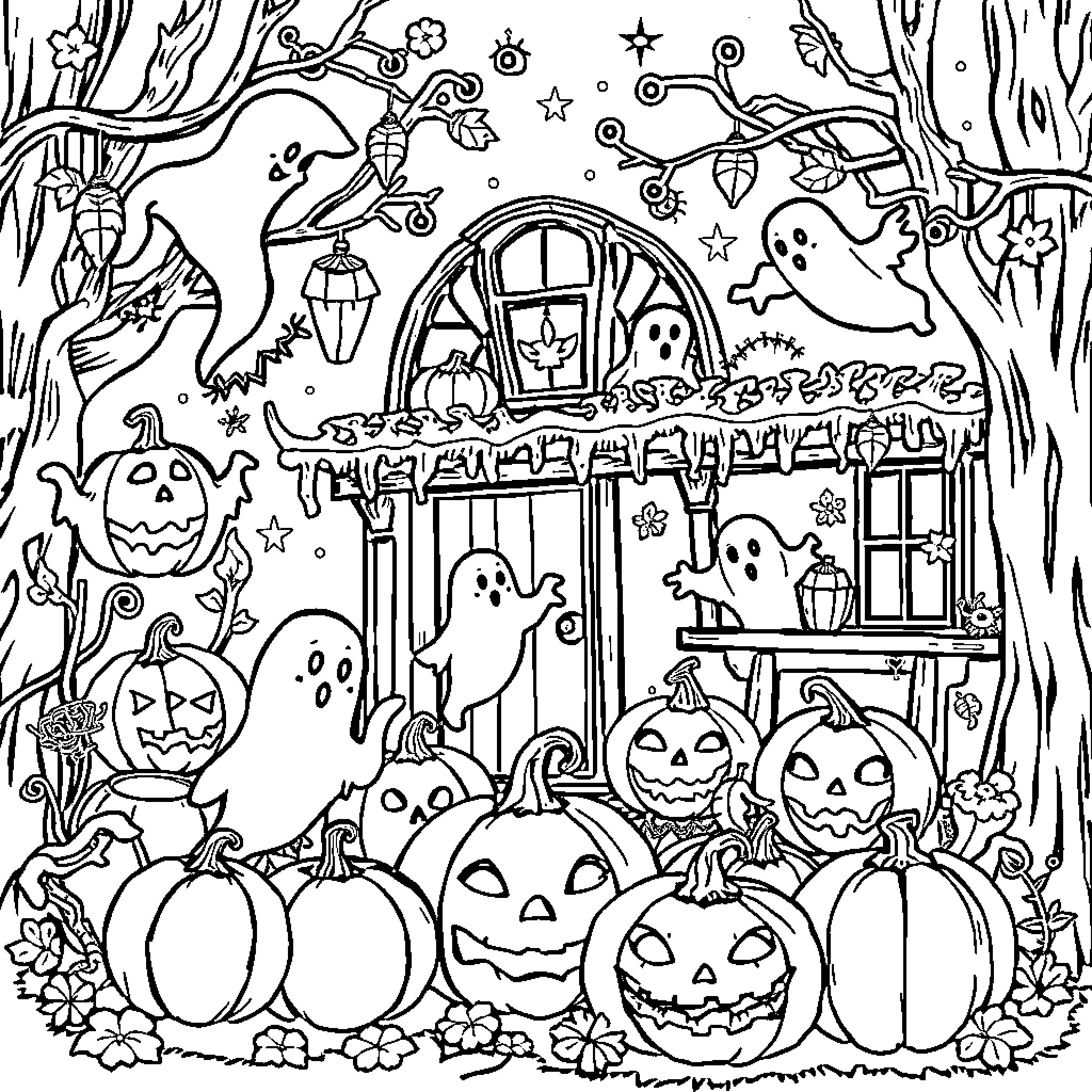 Halloween spooky scene with haunted house and ghosts Coloring Page (free black-and-white line drawing printable PDF for all, from beginners to advanced learners, including children, teens, adults, and seniors)
