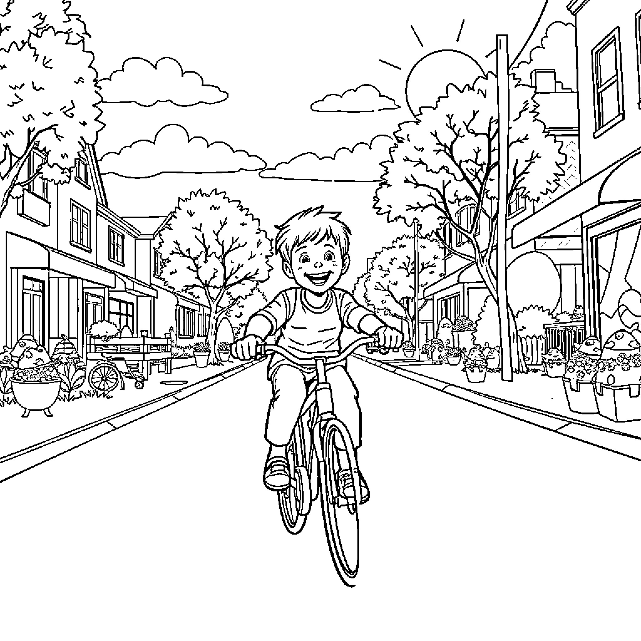 Son Riding Bicycle Down Sunny Street Coloring Page (free black-and-white line drawing printable PDF for all, from beginners to advanced learners, including children, teens, adults, and seniors)