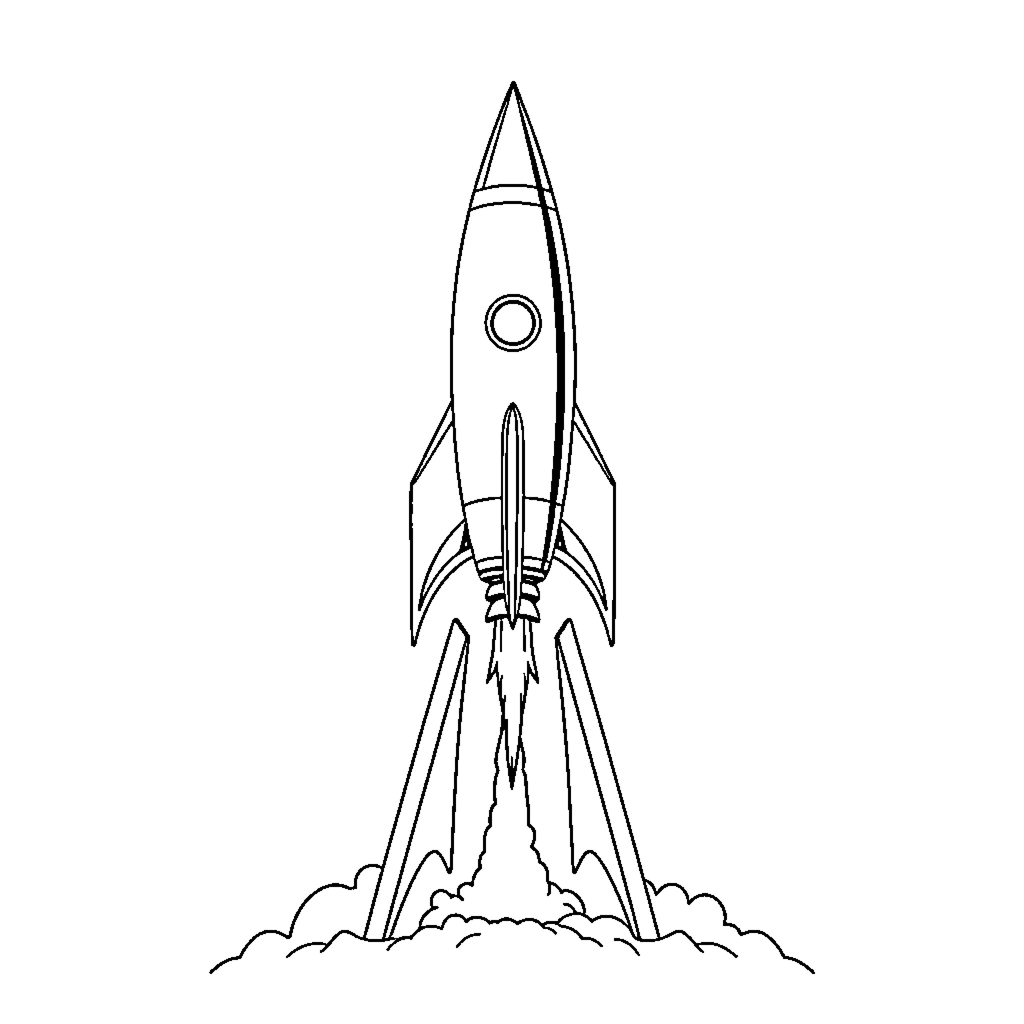 Rocket blasting off into the sky Coloring Page (free black-and-white line drawing printable PDF for all, from beginners to advanced learners, including children, teens, adults, and seniors)