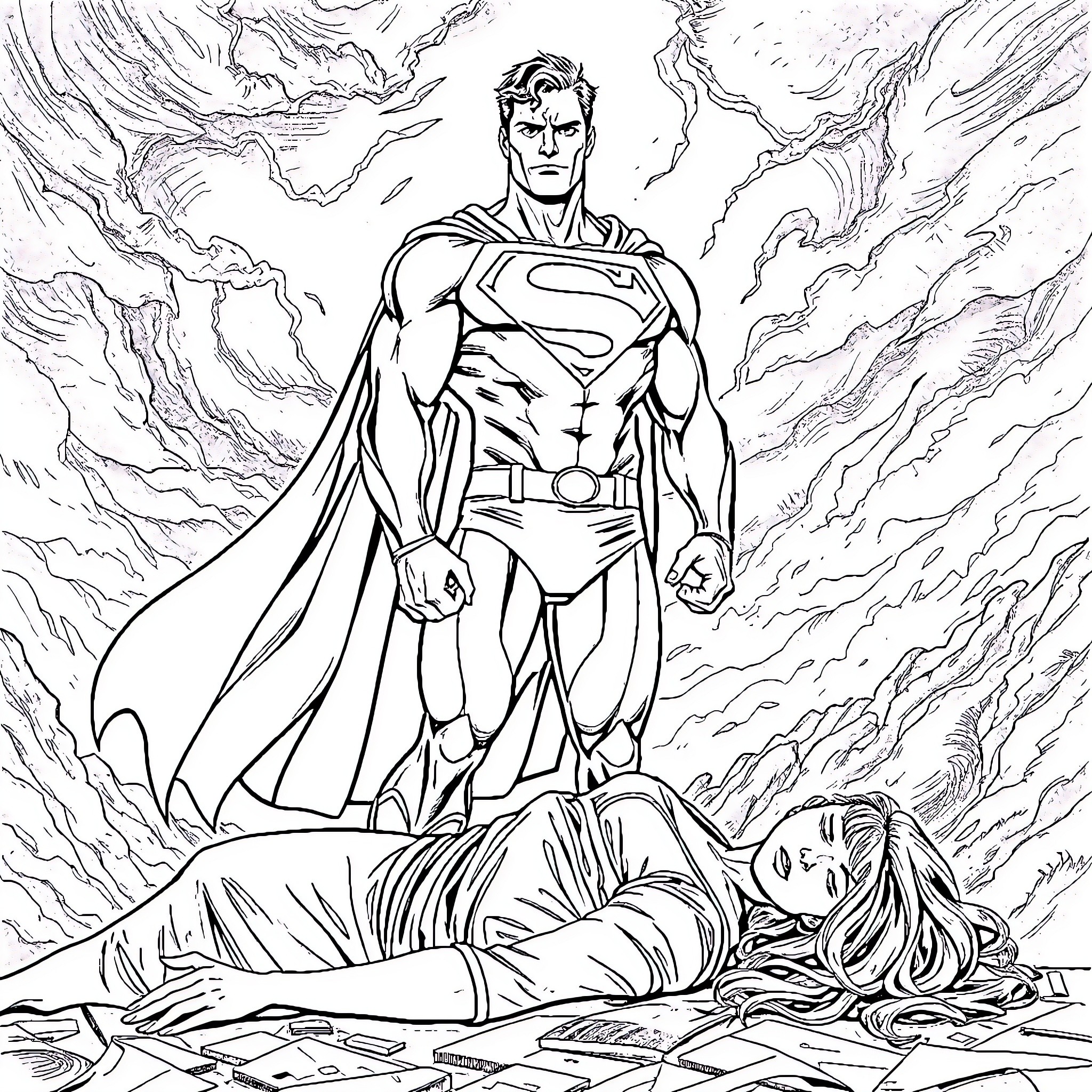 Superman rescuing an unconscious person from destruction Coloring Page (free black-and-white line drawing printable PDF for all, from beginners to advanced learners, including children, teens, adults, and seniors)