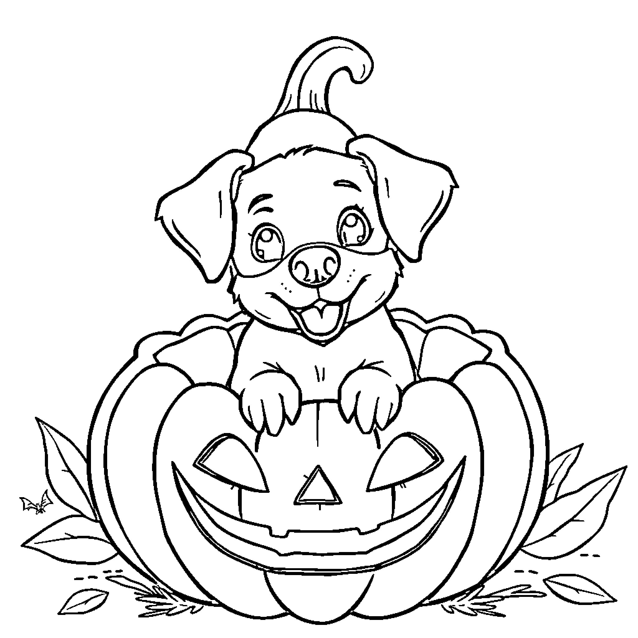 Dog peeking out of a pumpkin Coloring Page (free black-and-white line drawing printable PDF for all, from beginners to advanced learners, including children, teens, adults, and seniors)