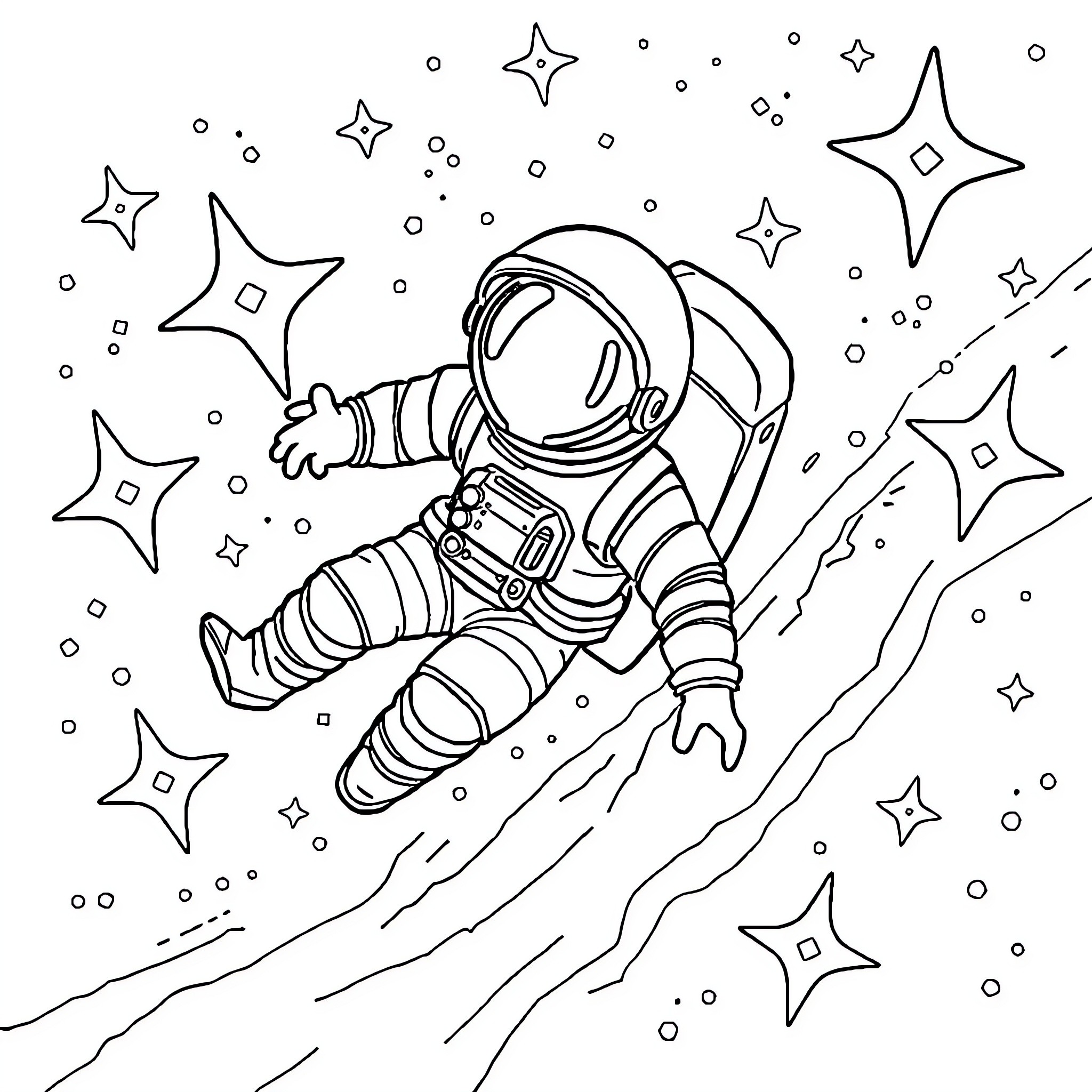 Astronaut floating in outer space with stars Coloring Page (free black-and-white line drawing printable PDF for all, from beginners to advanced learners, including children, teens, adults, and seniors)