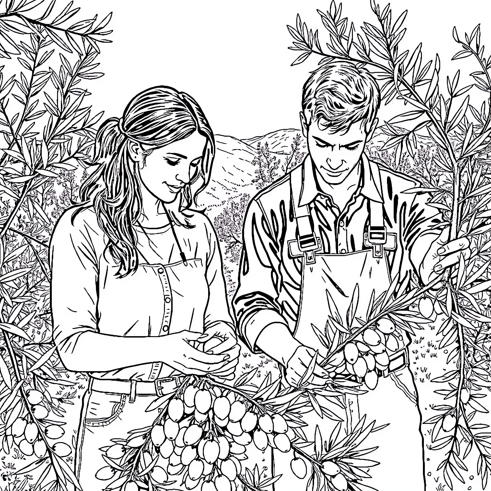 Farmer couple harvesting olives in the field Coloring Page (free black-and-white line drawing printable PDF for all, from beginners to advanced learners, including children, teens, adults, and seniors)