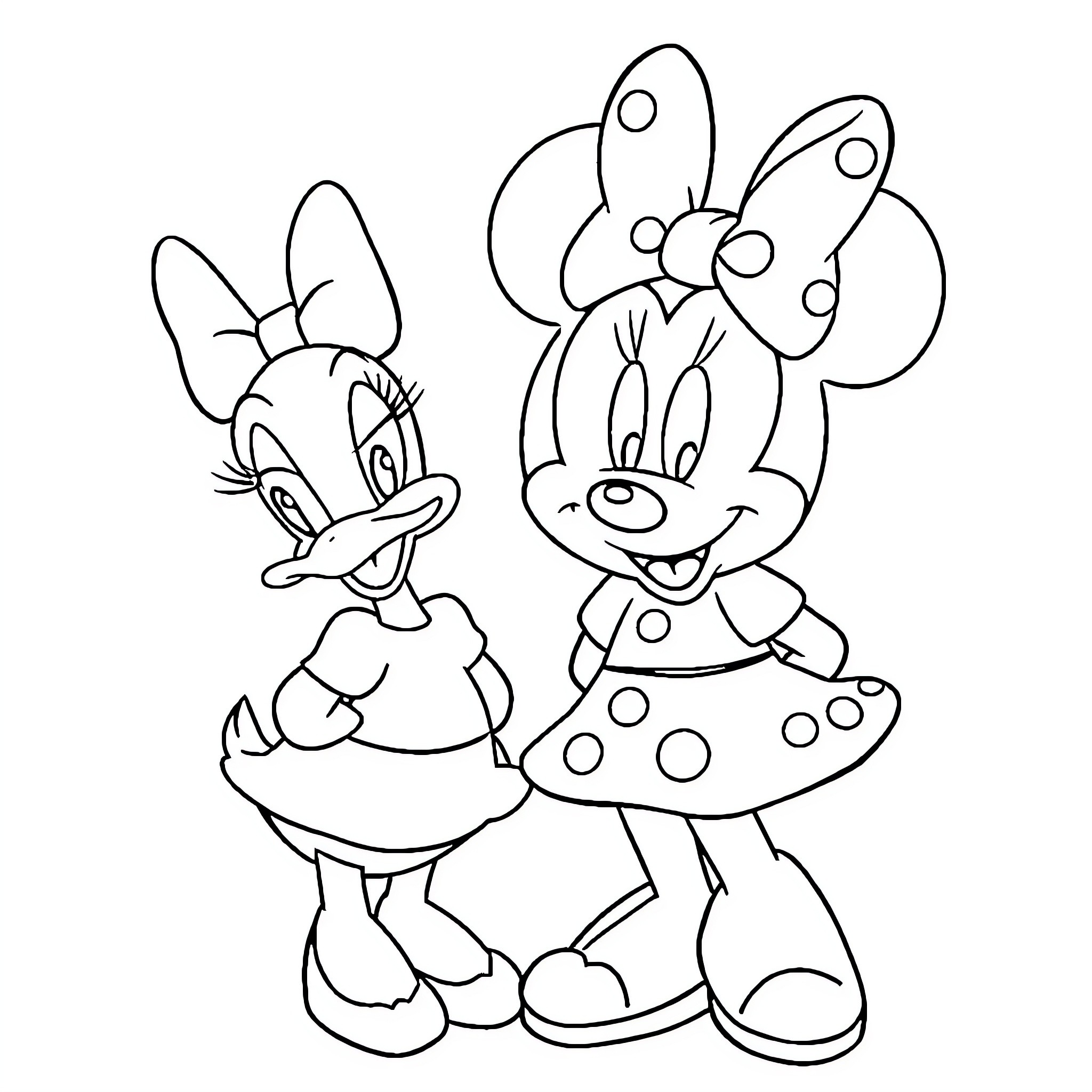 Minnie Mouse and Friend Posing Playfully Coloring Page (free black-and-white line drawing printable PDF for all, from beginners to advanced learners, including children, teens, adults, and seniors)