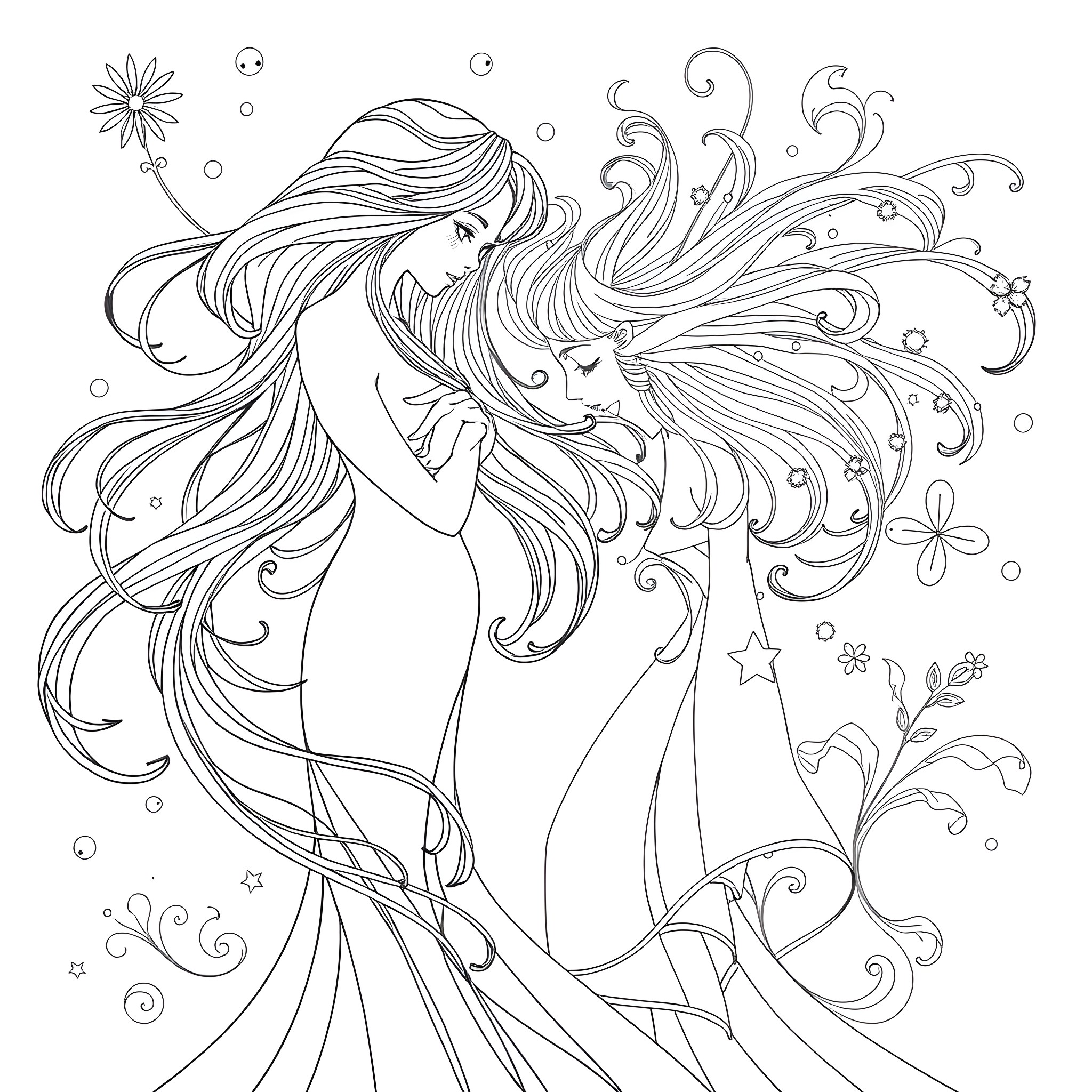 Anime Woman in Flowing Fantasy Attire Coloring Page (free black-and-white line drawing printable PDF for all, from beginners to advanced learners, including children, teens, adults, and seniors)
