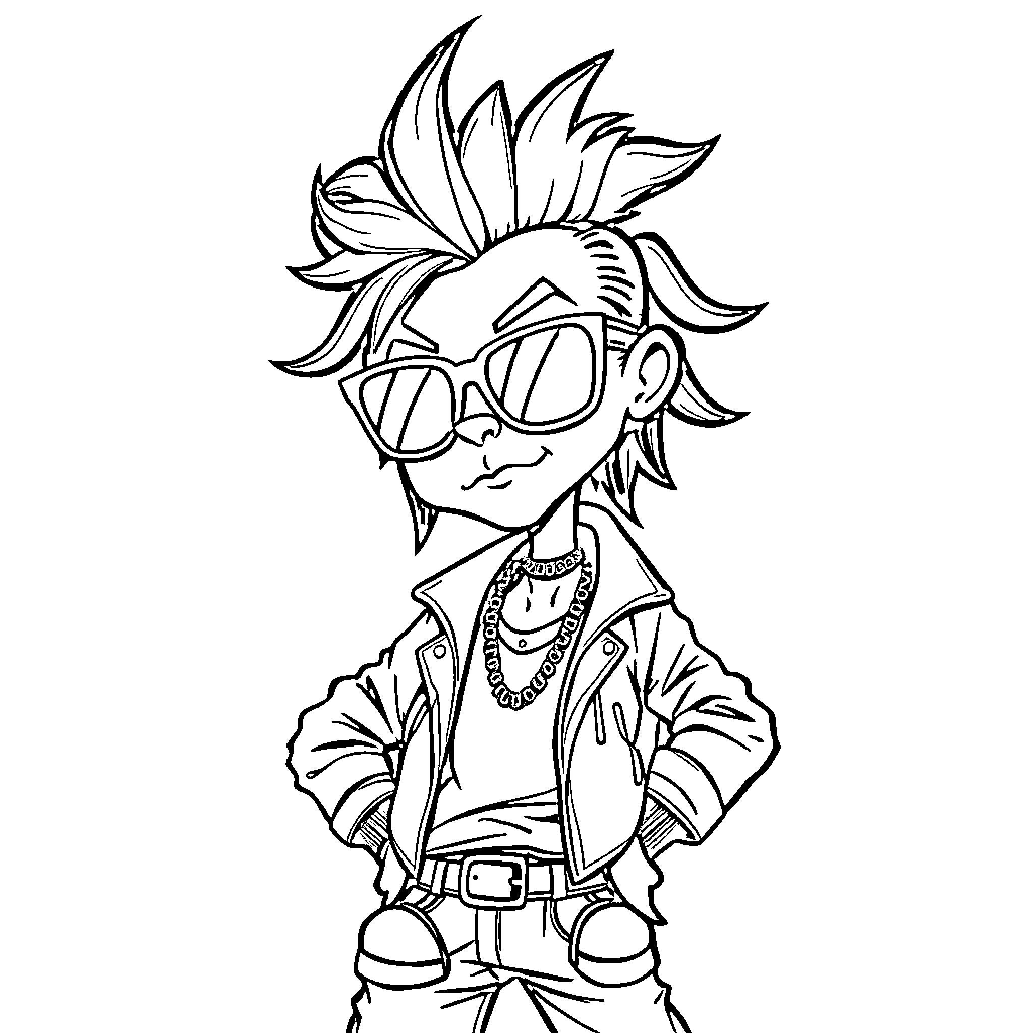 Baddie with funky hairstyle and trendy outfit Coloring Page (free black-and-white line drawing printable PDF for all, from beginners to advanced learners, including children, teens, adults, and seniors)