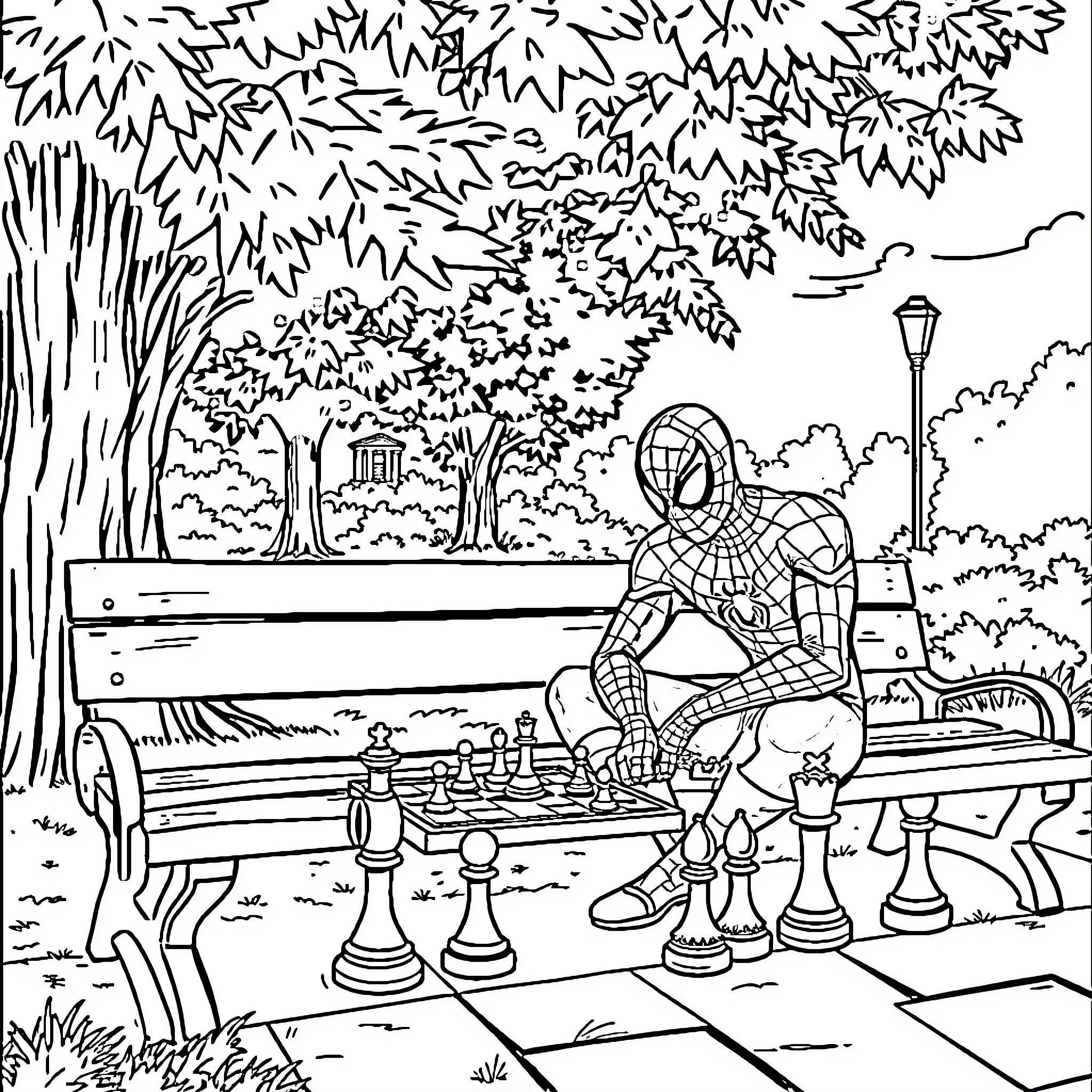 Spiderman playing chess in the park Coloring Page (free black-and-white line drawing printable PDF for all, from beginners to advanced learners, including children, teens, adults, and seniors)