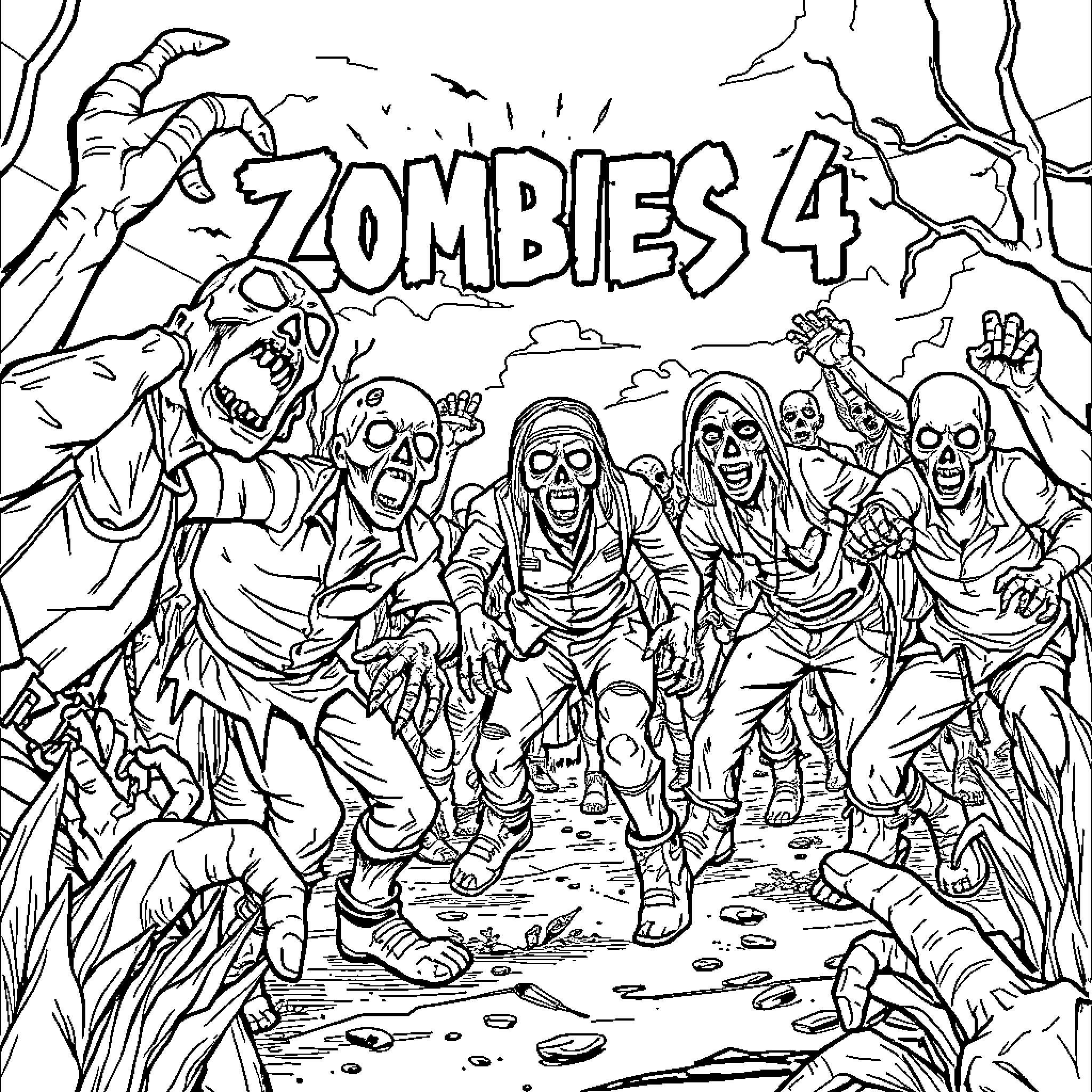 Zombie Horde Attacking in Apocalyptic Landscape Coloring Page (free black-and-white line drawing printable PDF for all, from beginners to advanced learners, including children, teens, adults, and seniors)