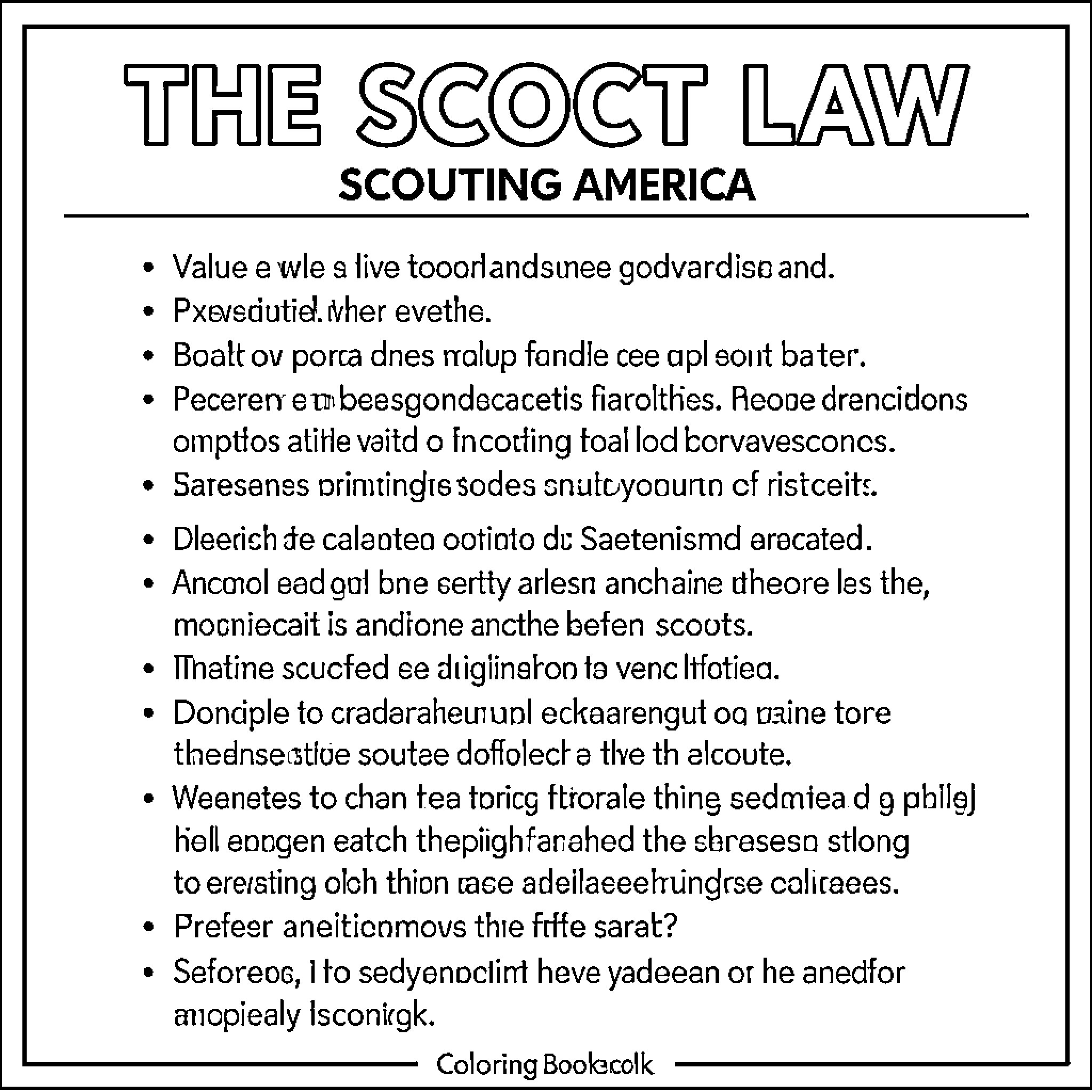 Scout Law text displayed on a printed page Coloring Page (free black-and-white line drawing printable PDF for all, from beginners to advanced learners, including children, teens, adults, and seniors)
