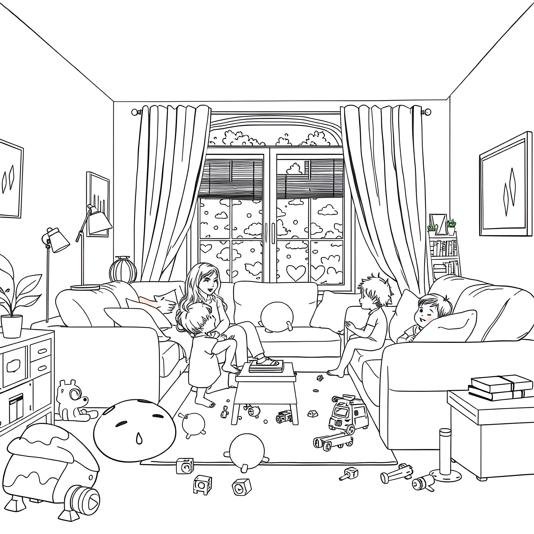 Mom spending quality time with kids in the living room Coloring Page (free black-and-white line drawing printable PDF for all, from beginners to advanced learners, including children, teens, adults, and seniors)