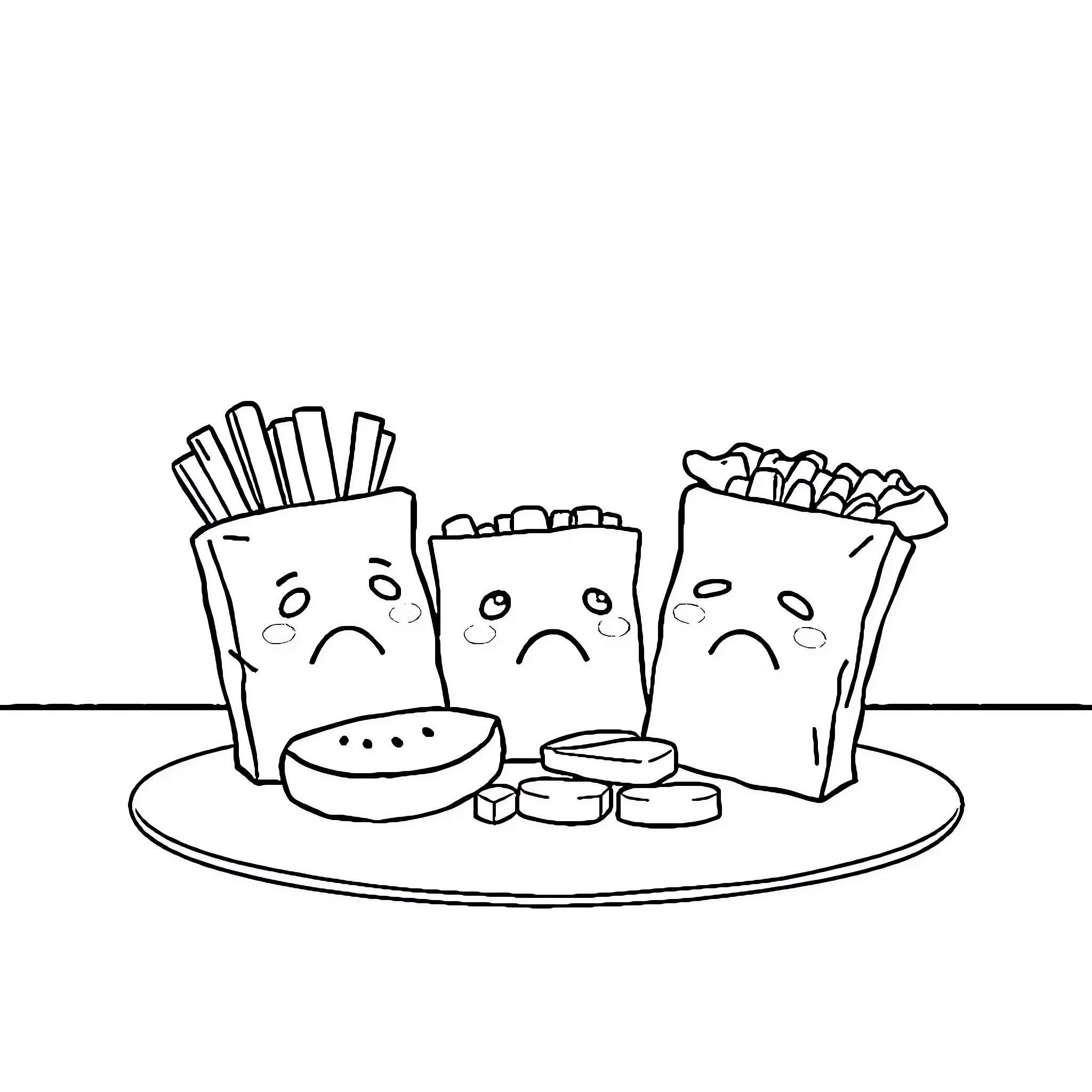 Snack Time with Sad Treats Coloring Page (free black-and-white line drawing printable PDF for all, from beginners to advanced learners, including children, teens, adults, and seniors)
