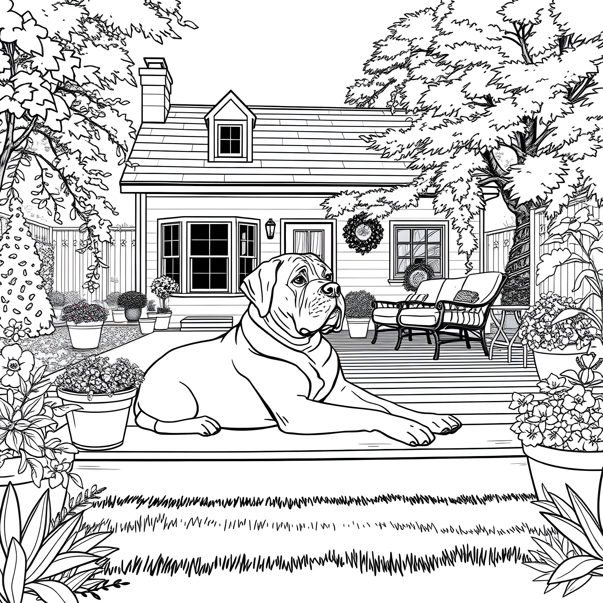 Mastiff relaxing in a cozy home garden Coloring Page (free black-and-white line drawing printable PDF for all, from beginners to advanced learners, including children, teens, adults, and seniors)