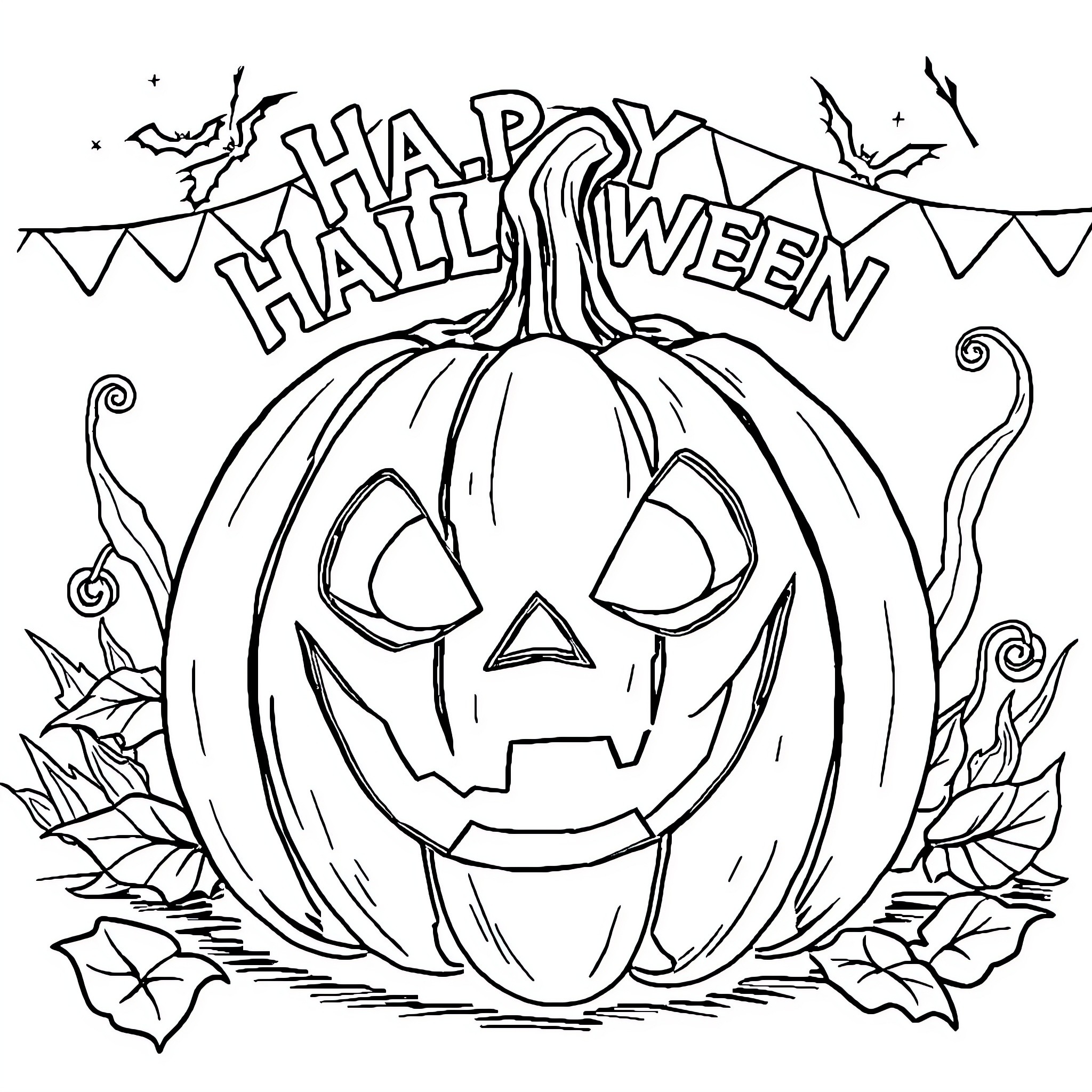 Pumpkin with Spooky Expression and Happy Halloween Banner Coloring Page (free black-and-white line drawing printable PDF for all, from beginners to advanced learners, including children, teens, adults, and seniors)