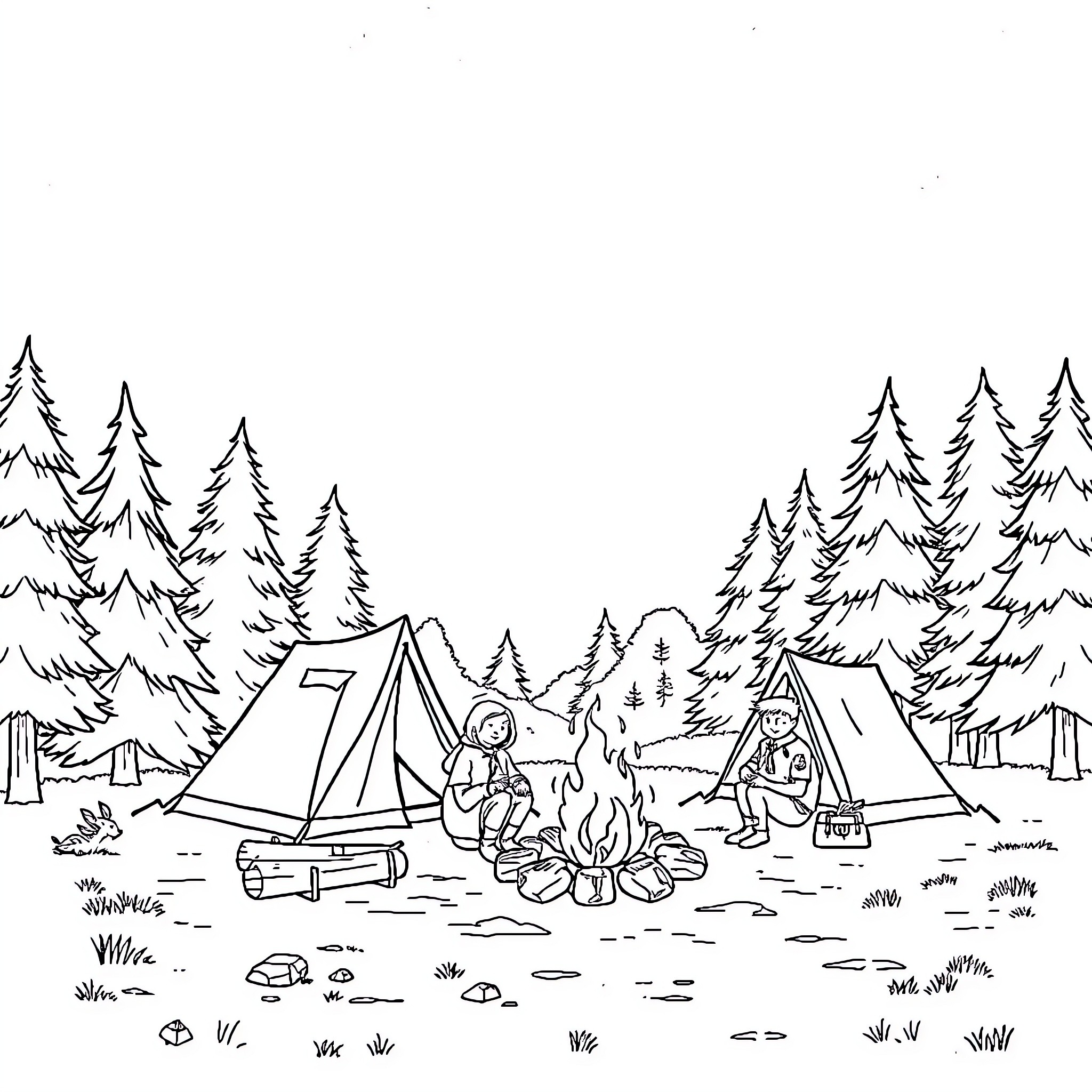 Scout camping trip in the forest Coloring Page (free black-and-white line drawing printable PDF for all, from beginners to advanced learners, including children, teens, adults, and seniors)