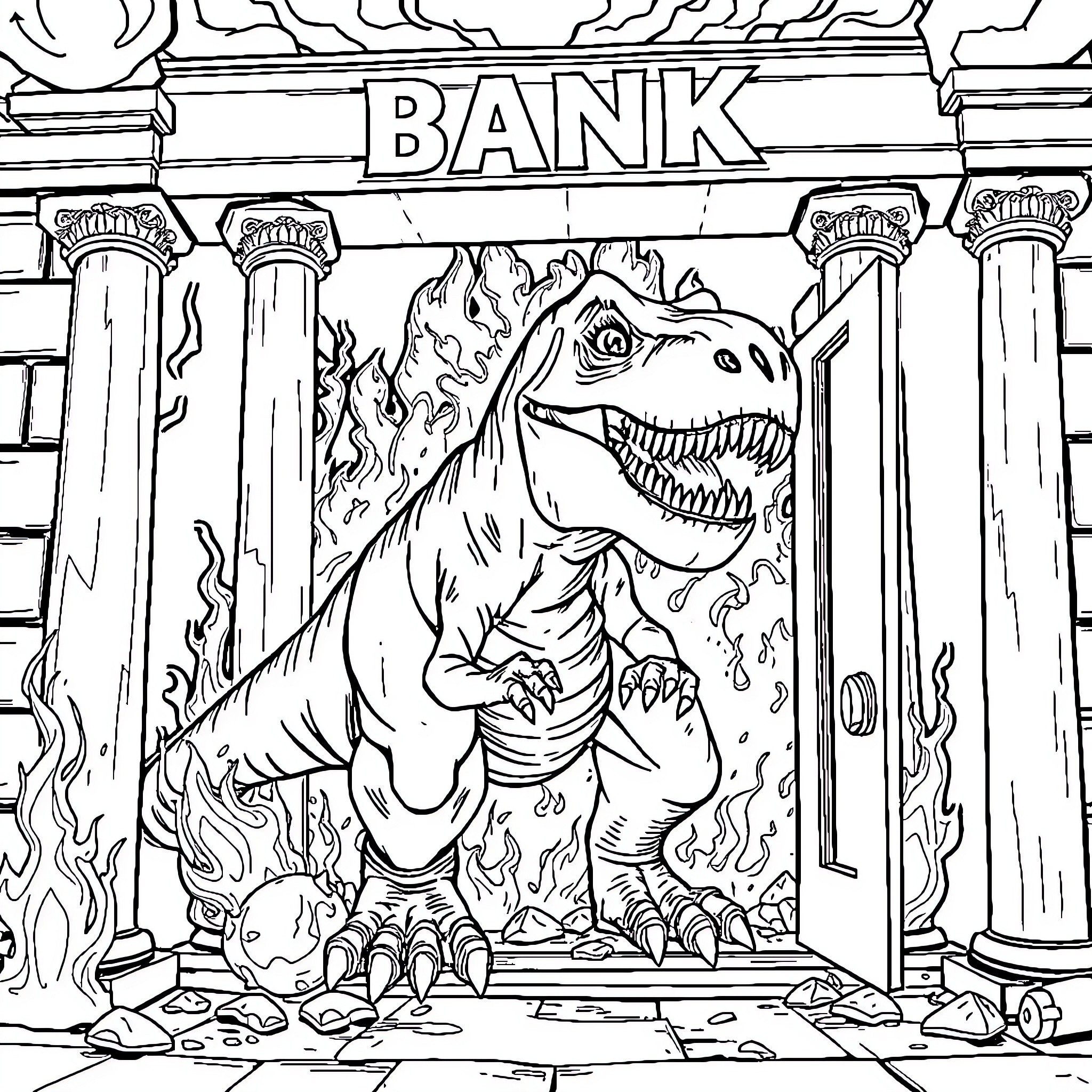 T-Rex Rampaging Through Bank Building Coloring Page (free black-and-white line drawing printable PDF for all, from beginners to advanced learners, including children, teens, adults, and seniors)