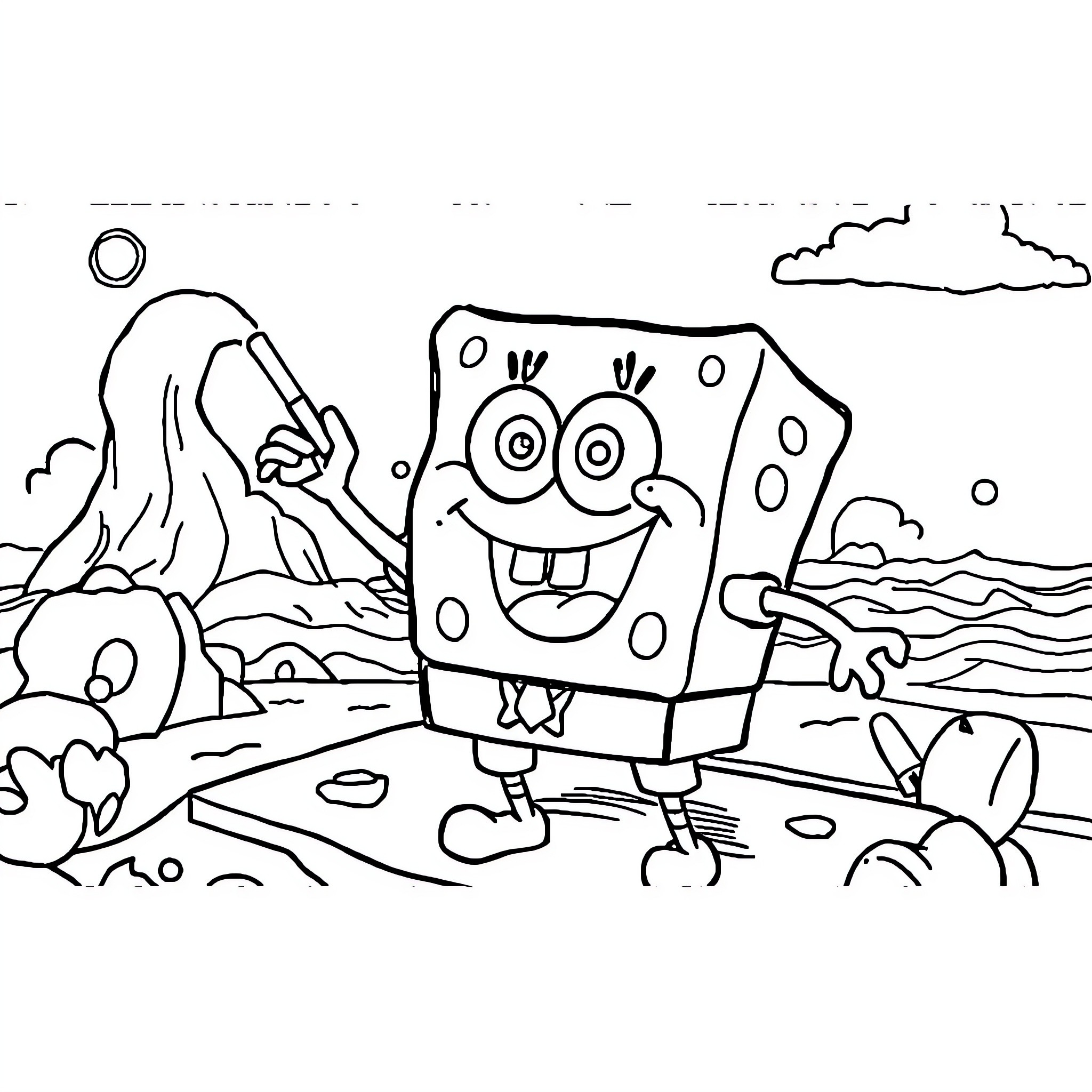 Spongebob's Fun-Filled Underwater Adventure Coloring Page (free black-and-white line drawing printable PDF for all, from beginners to advanced learners, including children, teens, adults, and seniors)