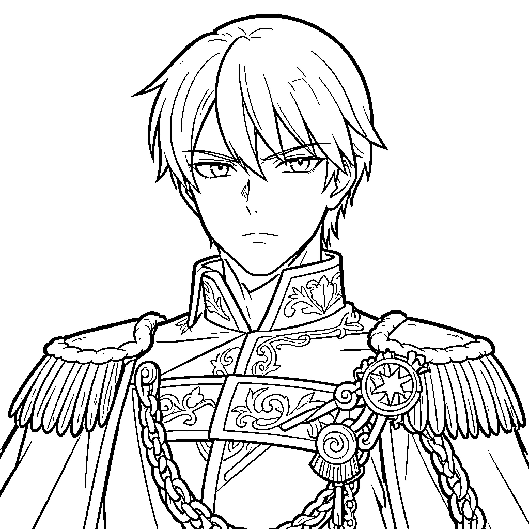 Lelouch wearing ornate royal military attire with serious expression Coloring Page (free black-and-white line drawing printable PDF for all, from beginners to advanced learners, including children, teens, adults, and seniors)