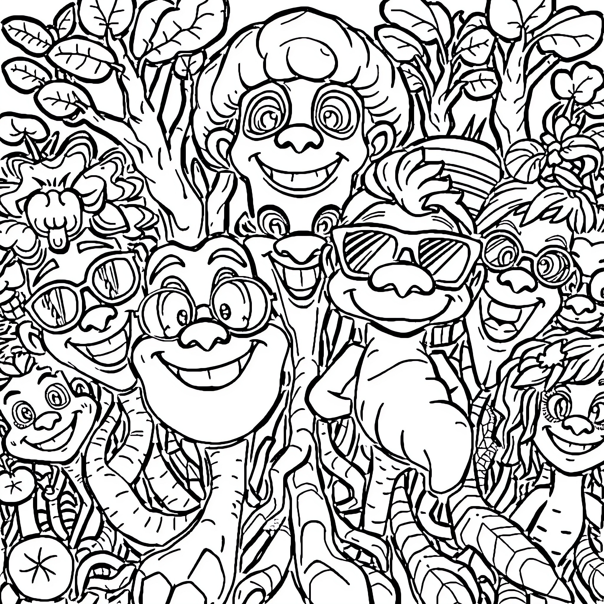 Brainroots of Lively Whimsical Creatures Coloring Page (free black-and-white line drawing printable PDF for all, from beginners to advanced learners, including children, teens, adults, and seniors)