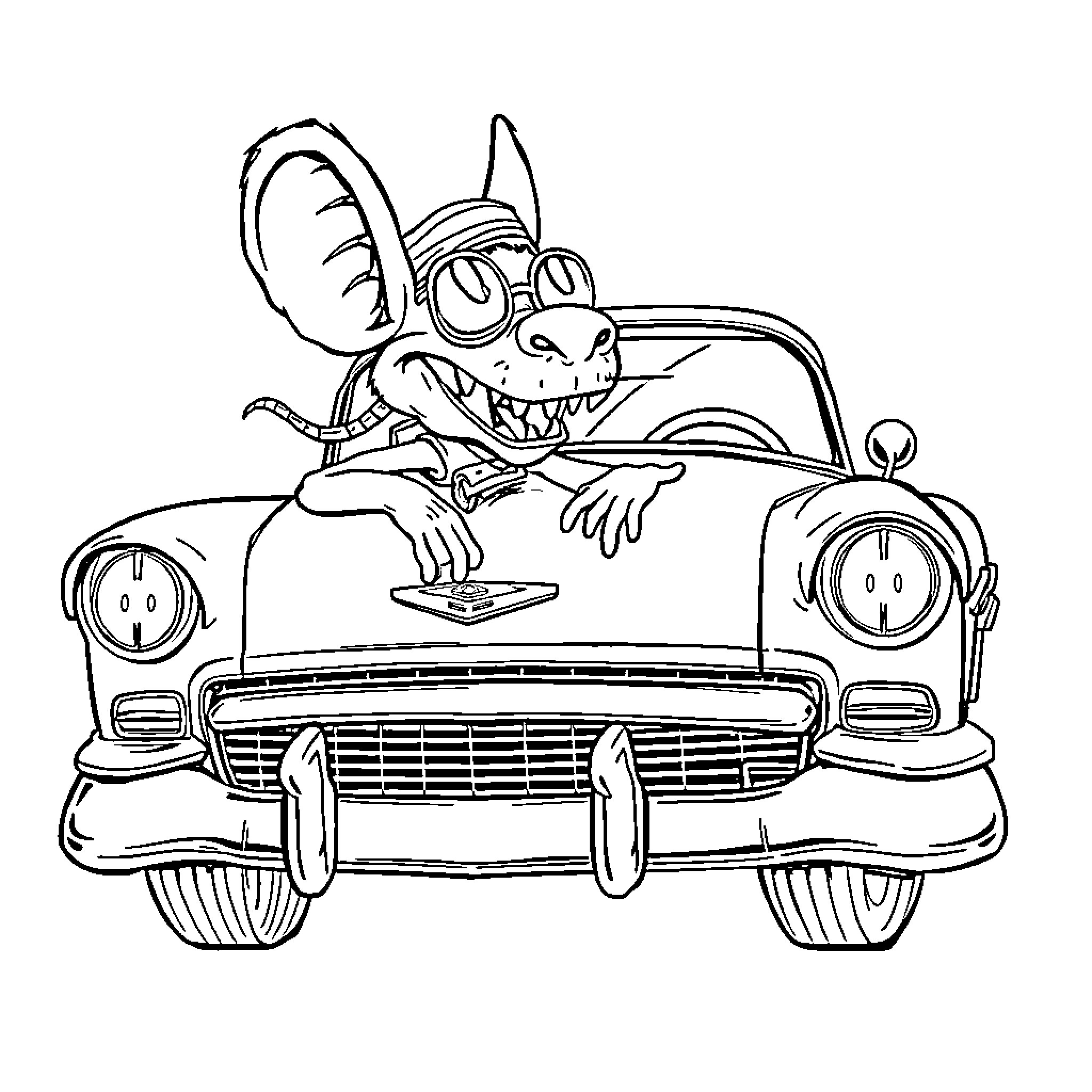 Rat Fink driving a vintage car Coloring Page (free black-and-white line drawing printable PDF for all, from beginners to advanced learners, including children, teens, adults, and seniors)