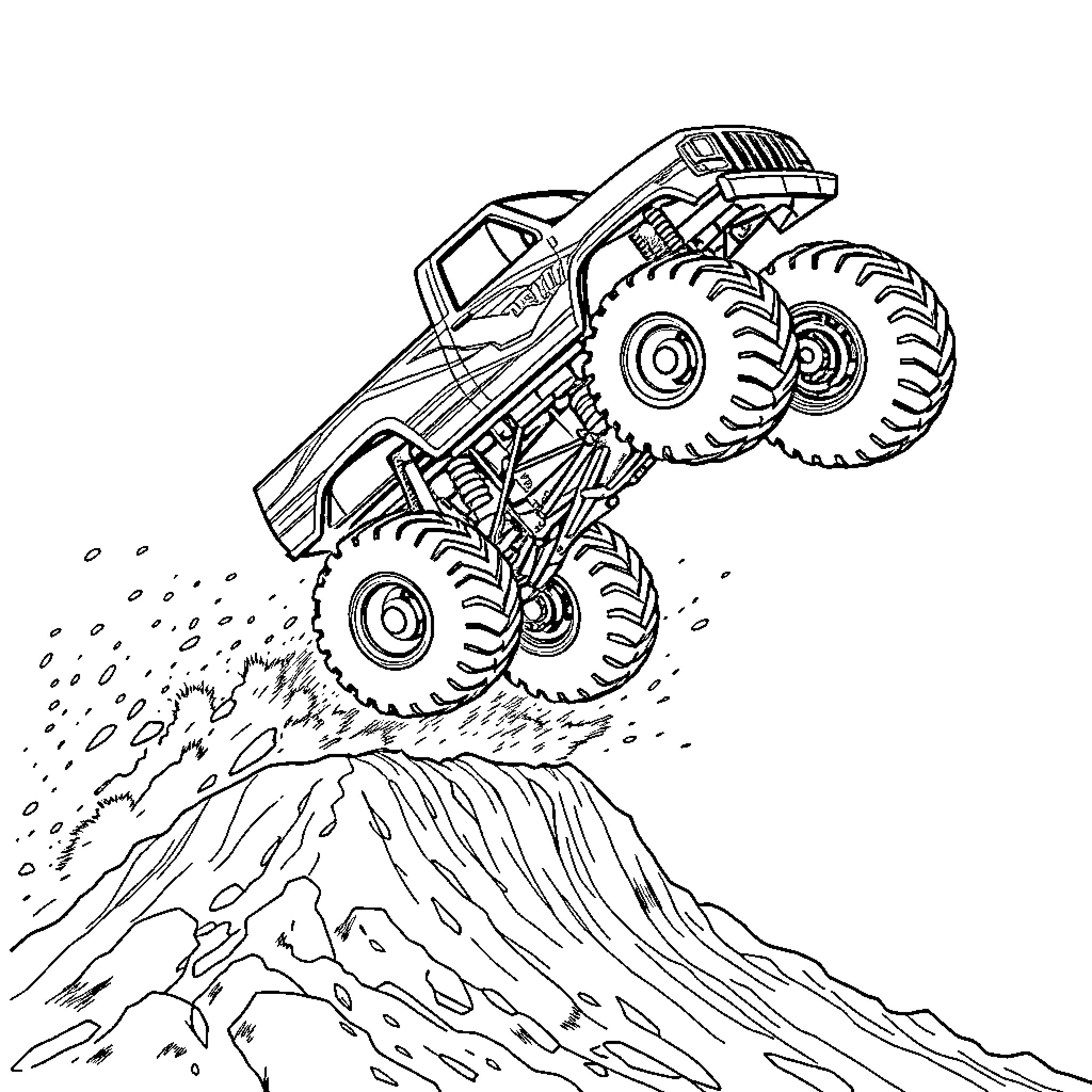 Monster Truck Jumping Over Rough Terrain Coloring Page (free black-and-white line drawing printable PDF for all, from beginners to advanced learners, including children, teens, adults, and seniors)