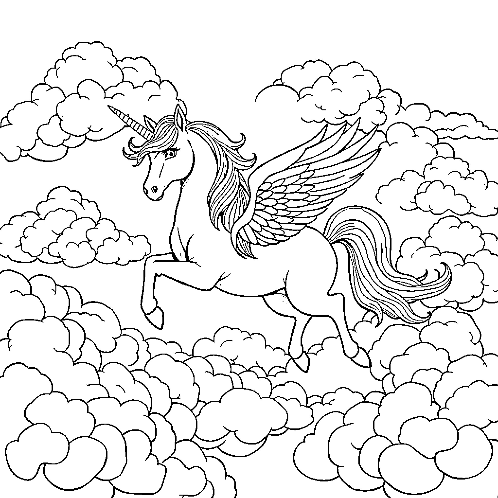 Unicorn soaring through cloudy skies Coloring Page (free black-and-white line drawing printable PDF for all, from beginners to advanced learners, including children, teens, adults, and seniors)