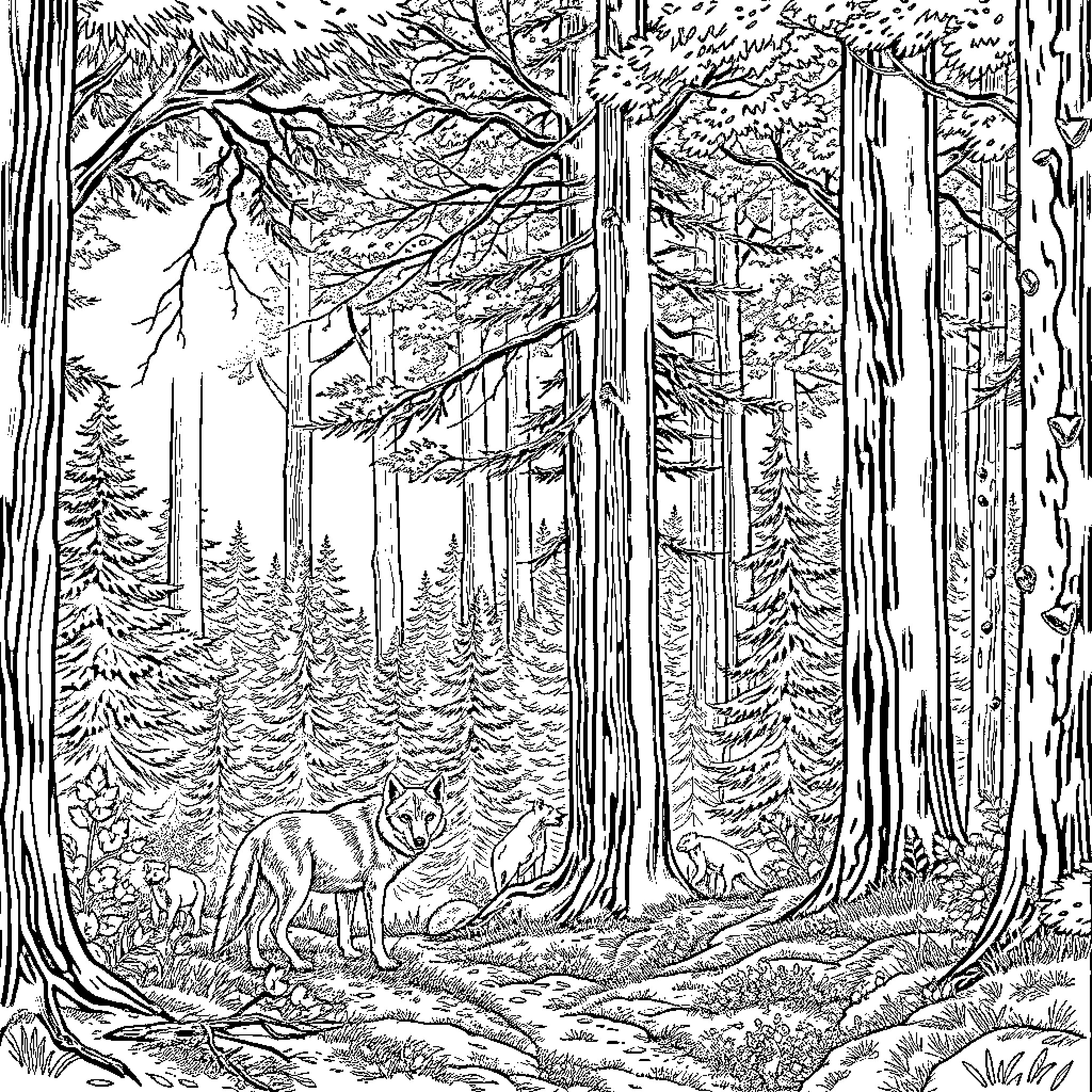 Wolf in the Enchanted Forest Coloring Page (free black-and-white line drawing printable PDF for all, from beginners to advanced learners, including children, teens, adults, and seniors)