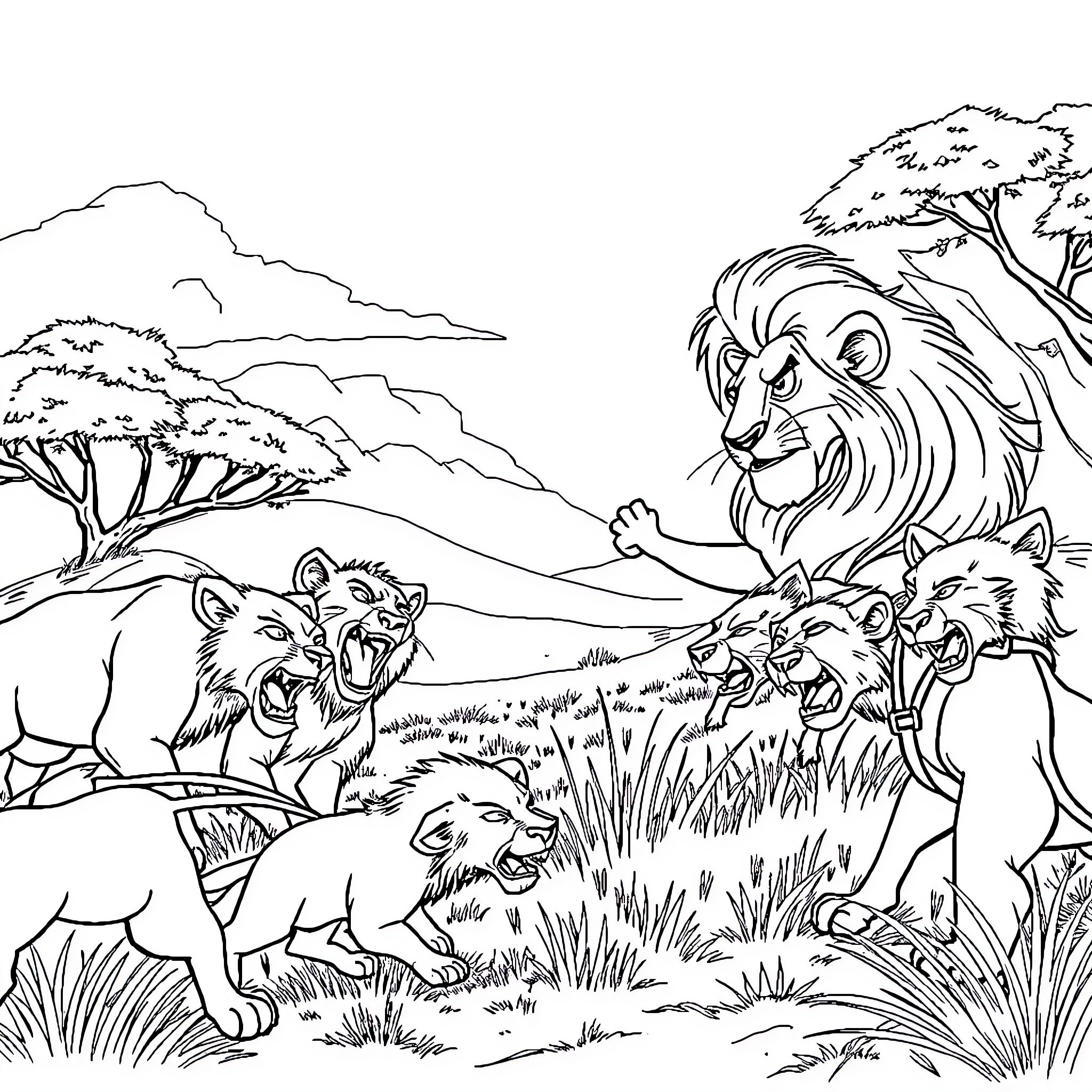 Mufasa surveying the pride of lions in the wild Coloring Page (free black-and-white line drawing printable PDF for all, from beginners to advanced learners, including children, teens, adults, and seniors)