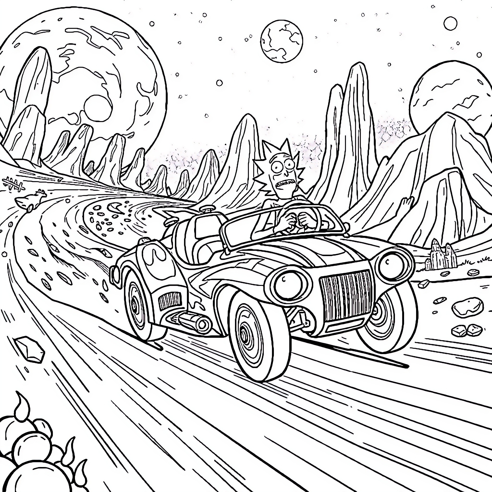 Rick's Cosmic Car Cruise through the Galaxy Coloring Page (free black-and-white line drawing printable PDF for all, from beginners to advanced learners, including children, teens, adults, and seniors)