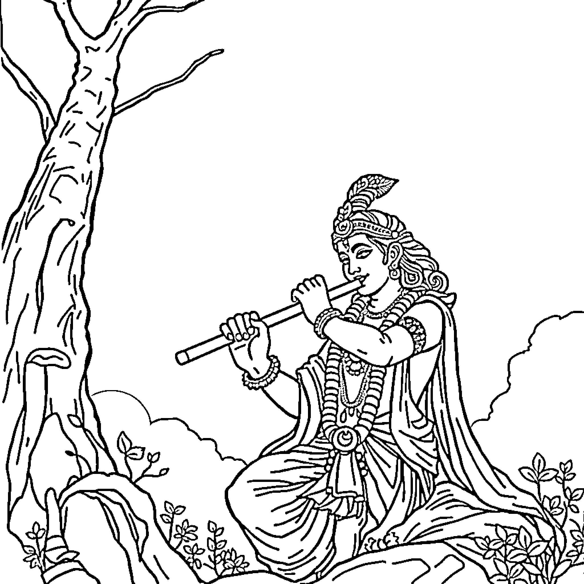Krishna playing the flute in a serene forest Coloring Page (free black-and-white line drawing printable PDF for all, from beginners to advanced learners, including children, teens, adults, and seniors)