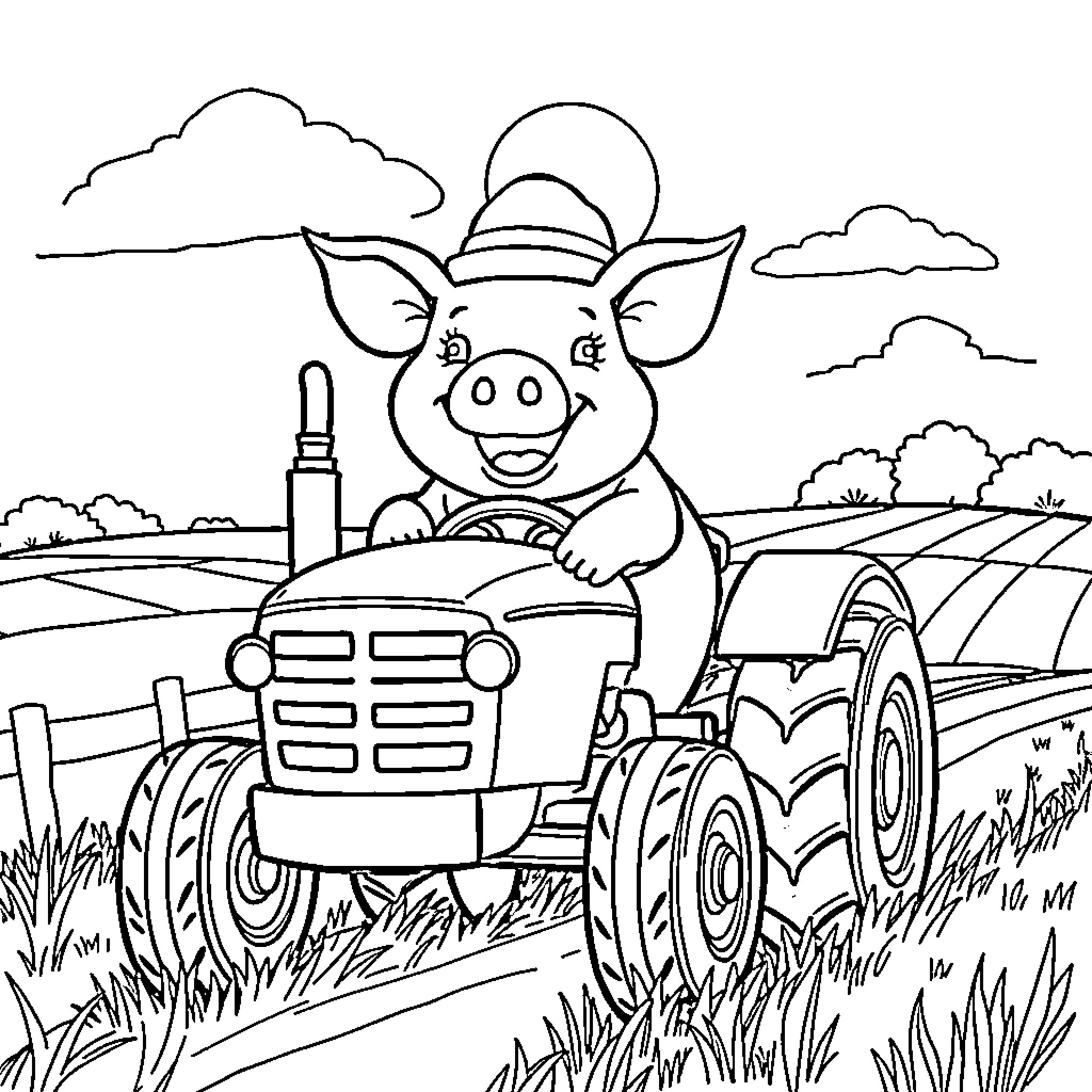 Pig driving a tractor in the countryside Coloring Page (free black-and-white line drawing printable PDF for all, from beginners to advanced learners, including children, teens, adults, and seniors)