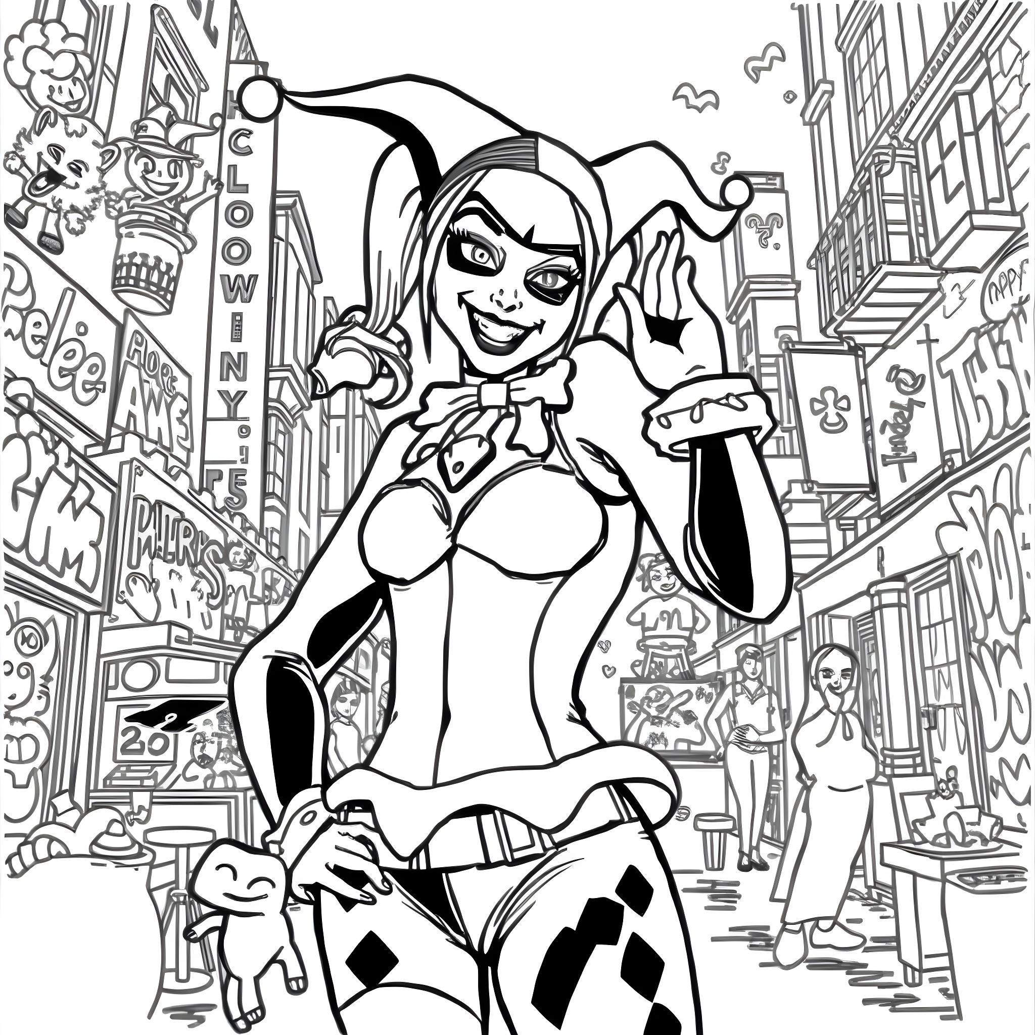 Harley Quinn's Chaotic Adventure in the City Coloring Page (free black-and-white line drawing printable PDF for all, from beginners to advanced learners, including children, teens, adults, and seniors)