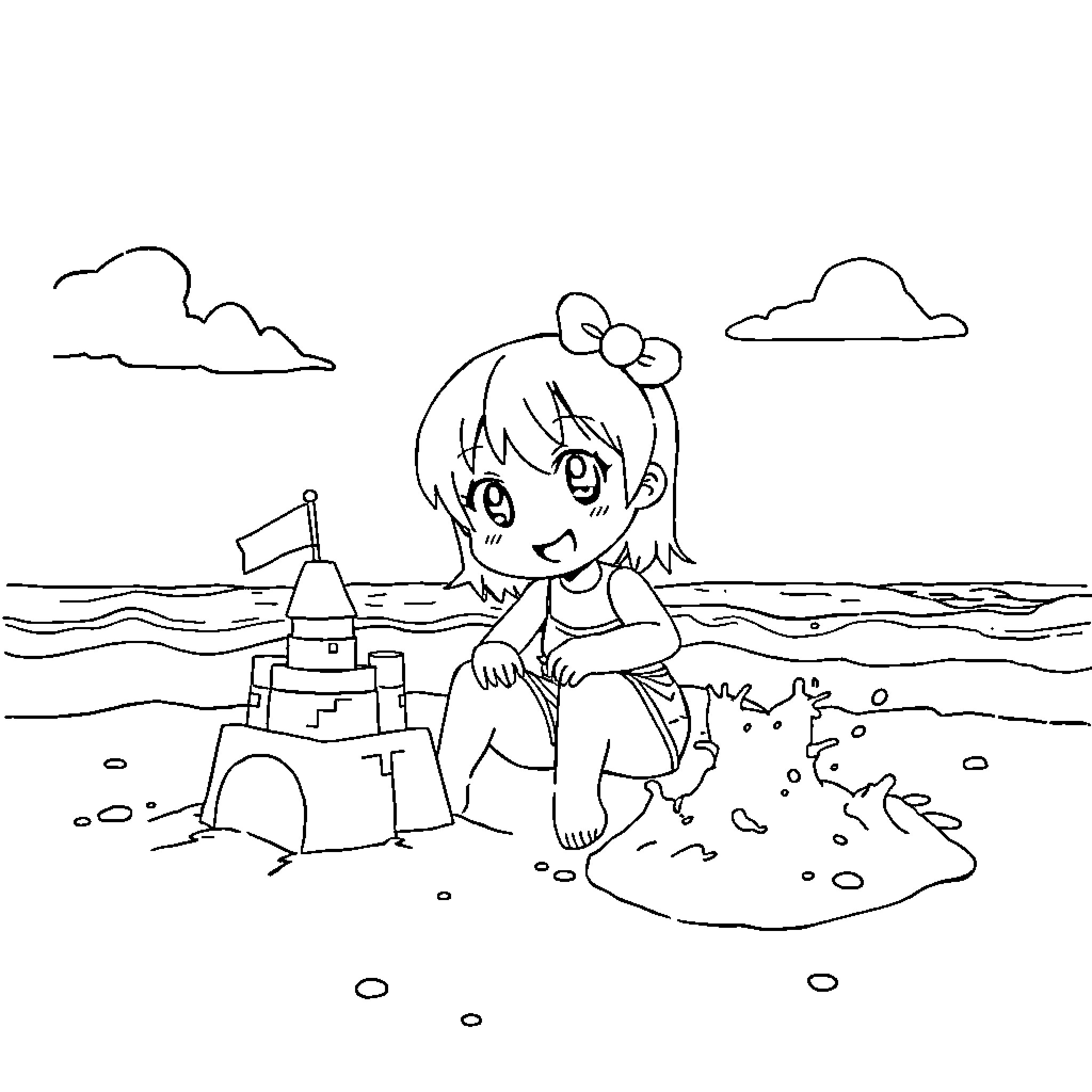 Kuromi building a sandcastle at the beach Coloring Page (free black-and-white line drawing printable PDF for all, from beginners to advanced learners, including children, teens, adults, and seniors)
