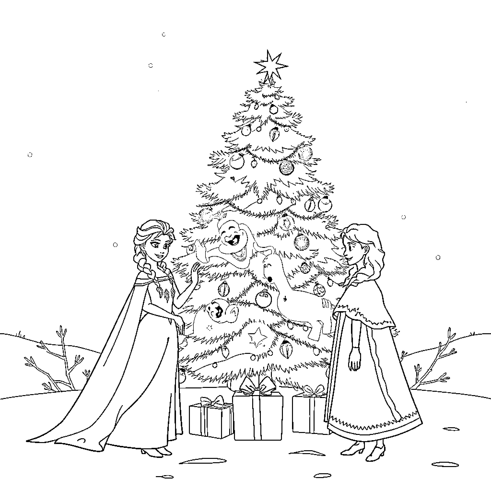 Frozen Characters Decorating Christmas Tree Coloring Page (free black-and-white line drawing printable PDF for all, from beginners to advanced learners, including children, teens, adults, and seniors)
