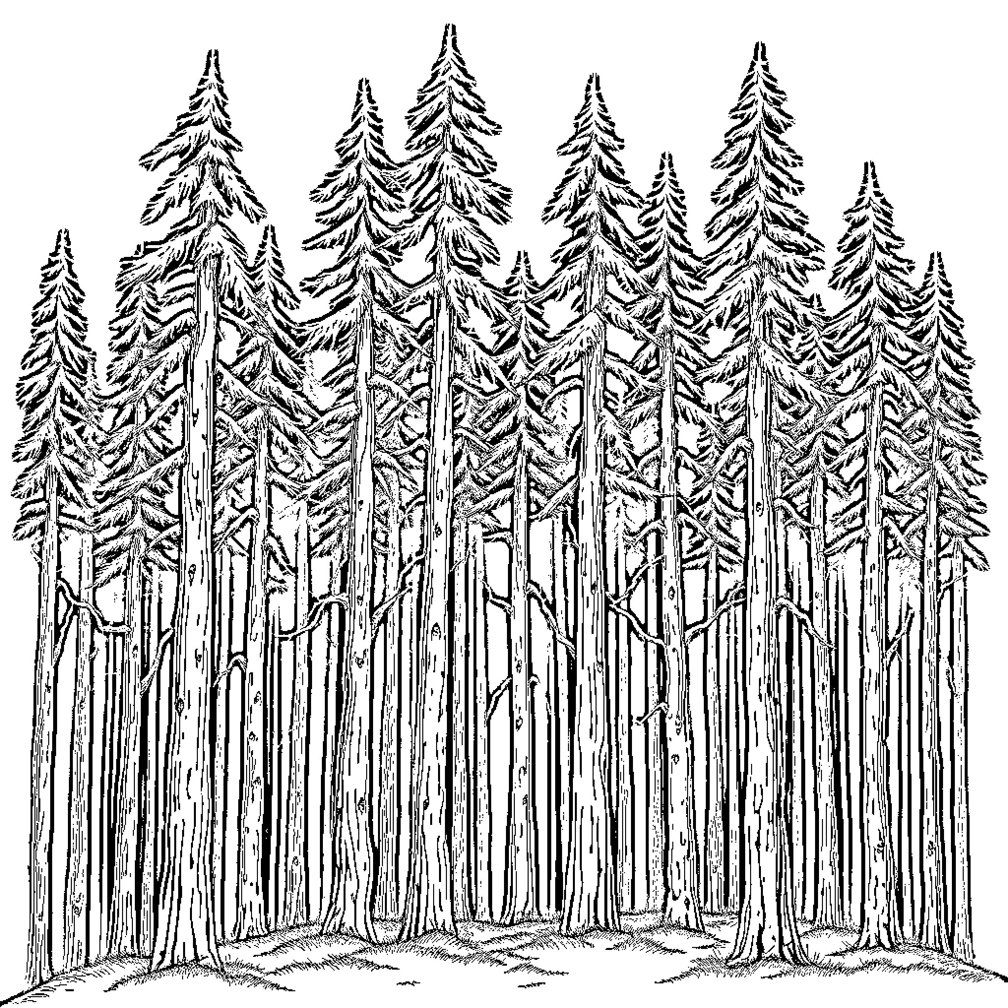 Tree-filled forest with tall evergreens Coloring Page (free black-and-white line drawing printable PDF for all, from beginners to advanced learners, including children, teens, adults, and seniors)