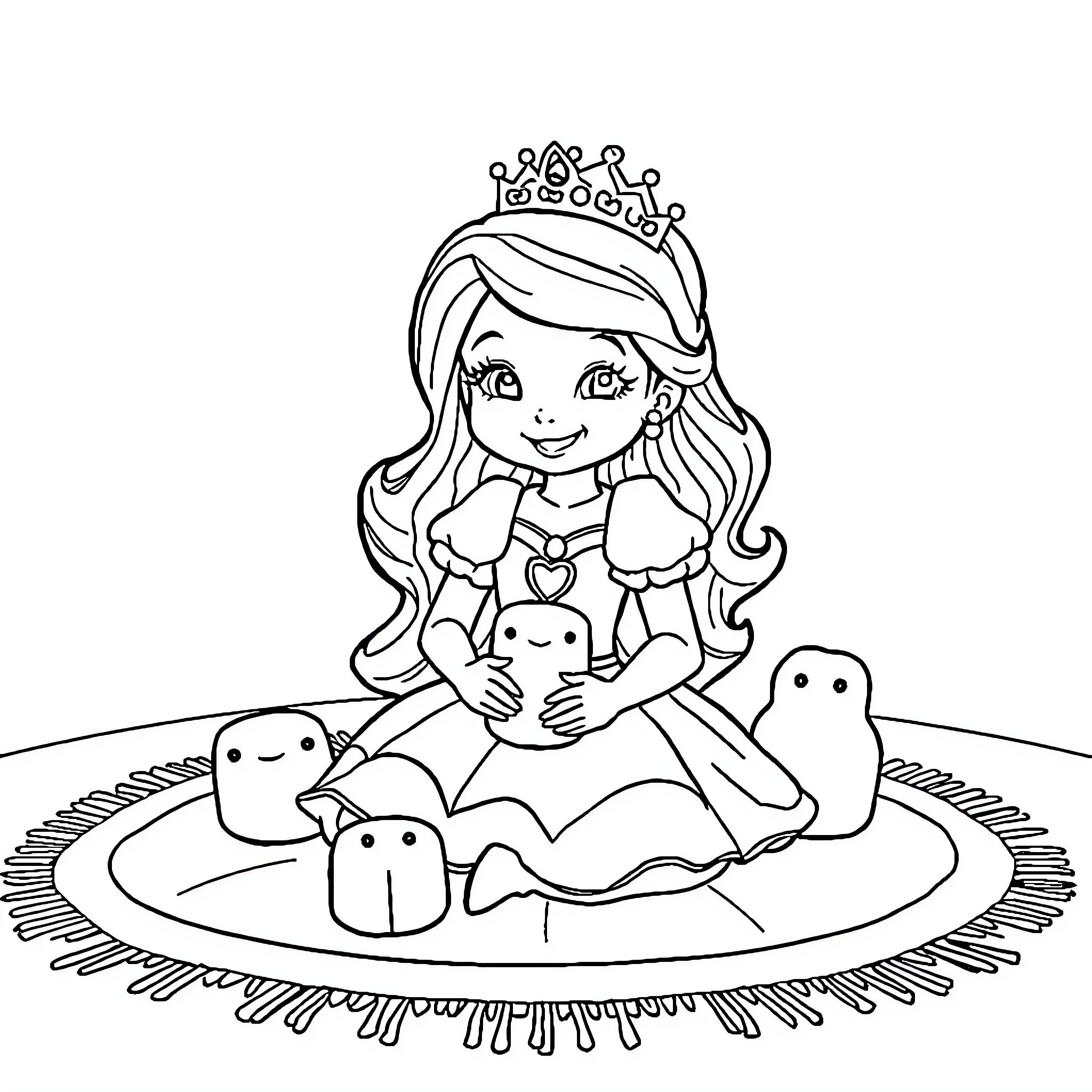 Princess sitting with adorable creatures Coloring Page (free black-and-white line drawing printable PDF for all, from beginners to advanced learners, including children, teens, adults, and seniors)