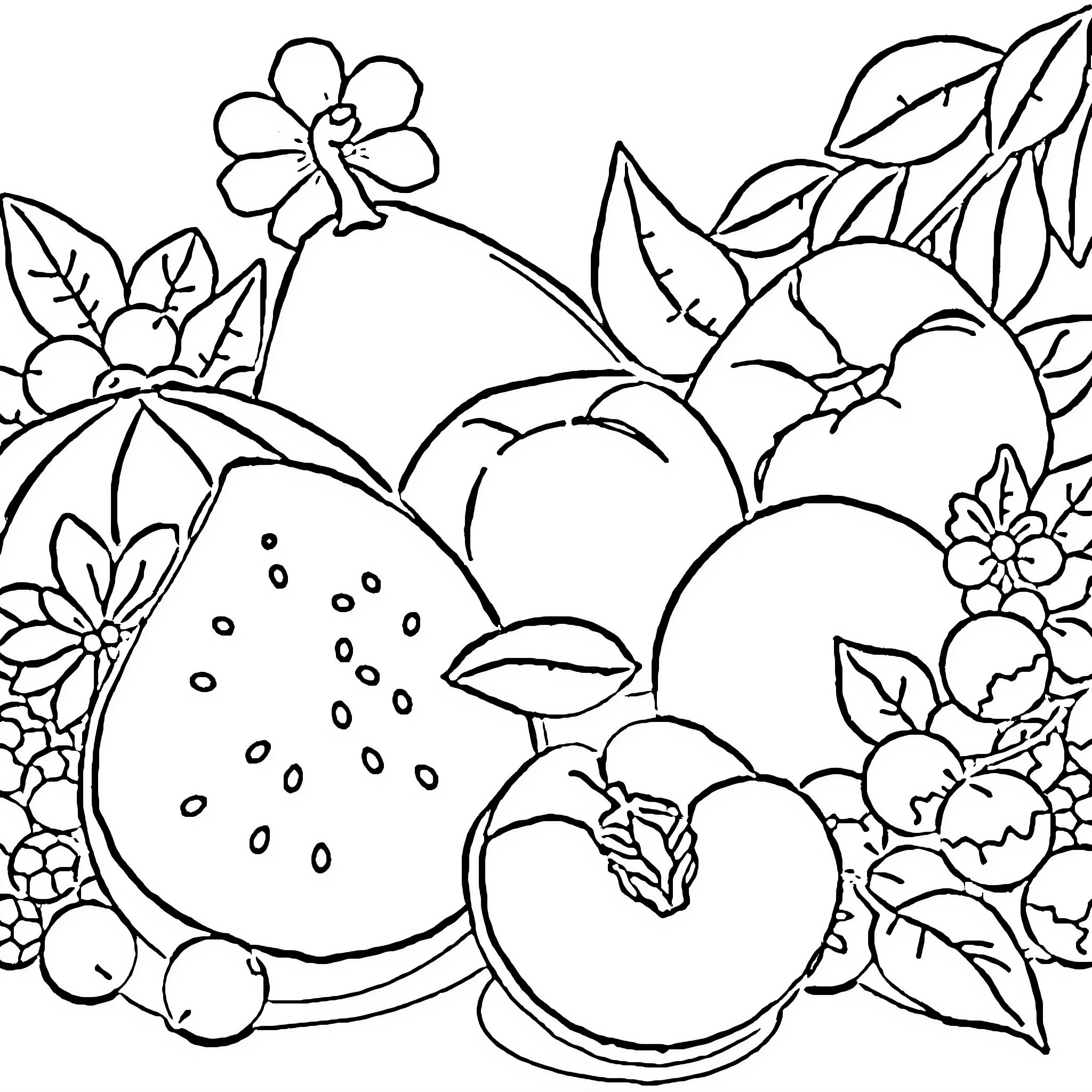 Fruit surrounded by flowers and foliage Coloring Page (free black-and-white line drawing printable PDF for all, from beginners to advanced learners, including children, teens, adults, and seniors)