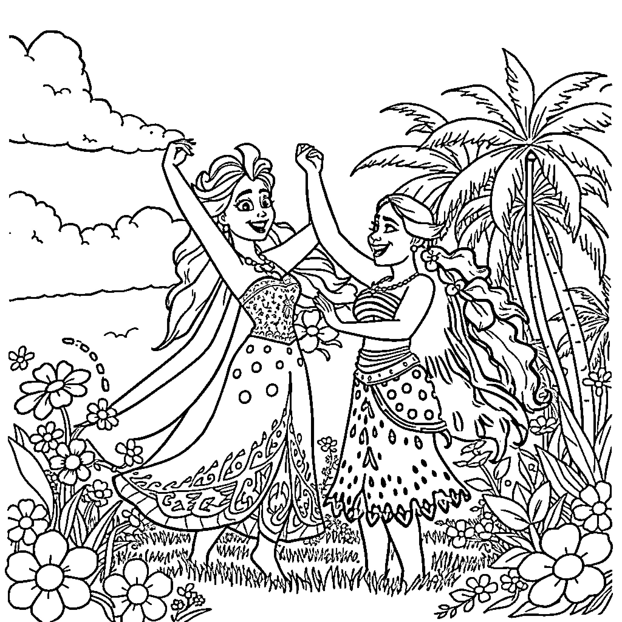 Moana dancing joyfully with friend in tropical paradise Coloring Page (free black-and-white line drawing printable PDF for all, from beginners to advanced learners, including children, teens, adults, and seniors)