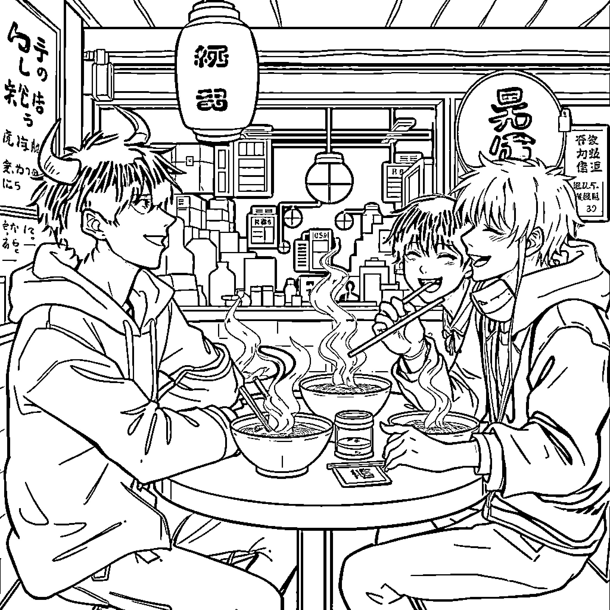 Demon Hunters Enjoying Ramen in a Japanese Izakaya Coloring Page (free black-and-white line drawing printable PDF for all, from beginners to advanced learners, including children, teens, adults, and seniors)