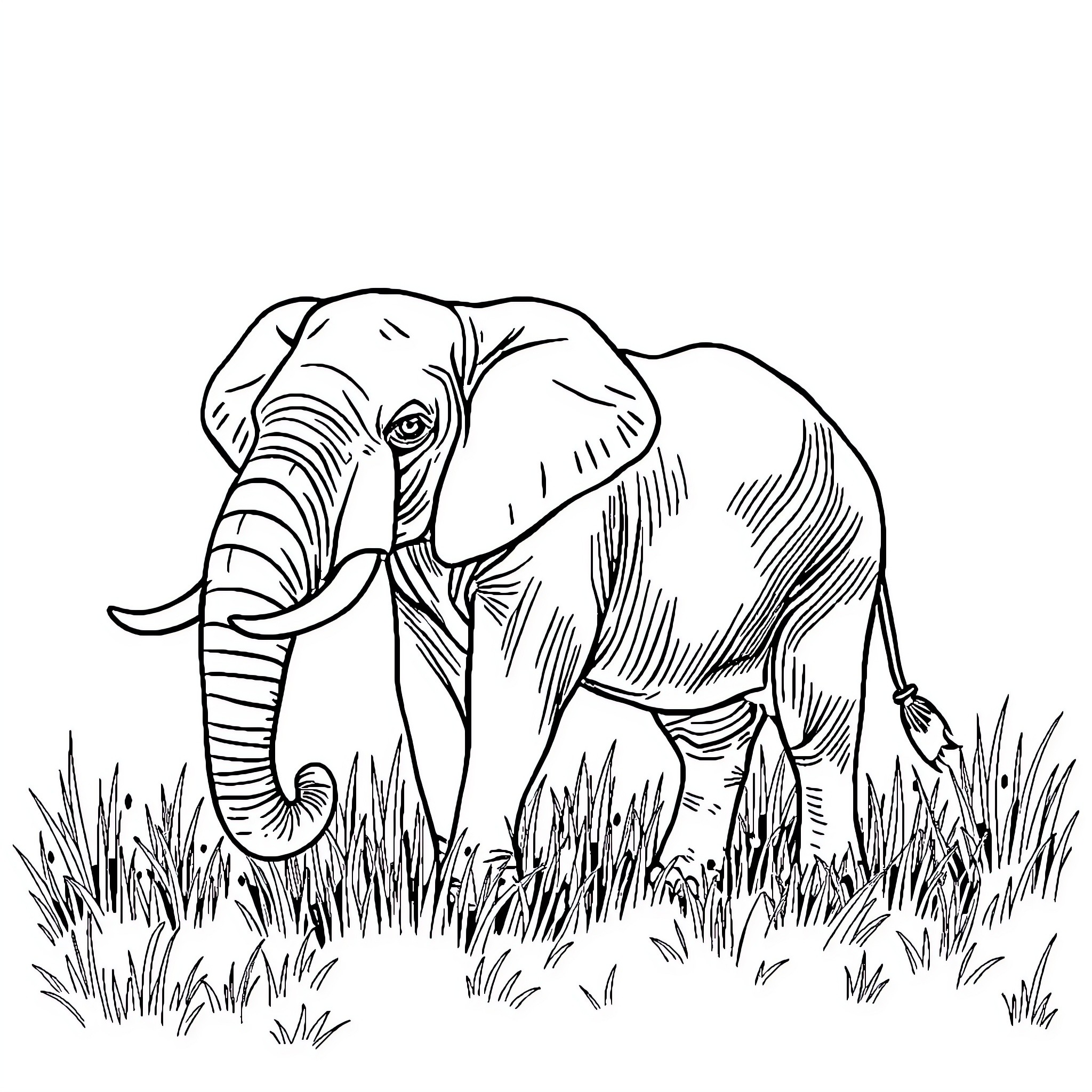 Elephant walking gracefully through the tall grass Coloring Page (free black-and-white line drawing printable PDF for all, from beginners to advanced learners, including children, teens, adults, and seniors)
