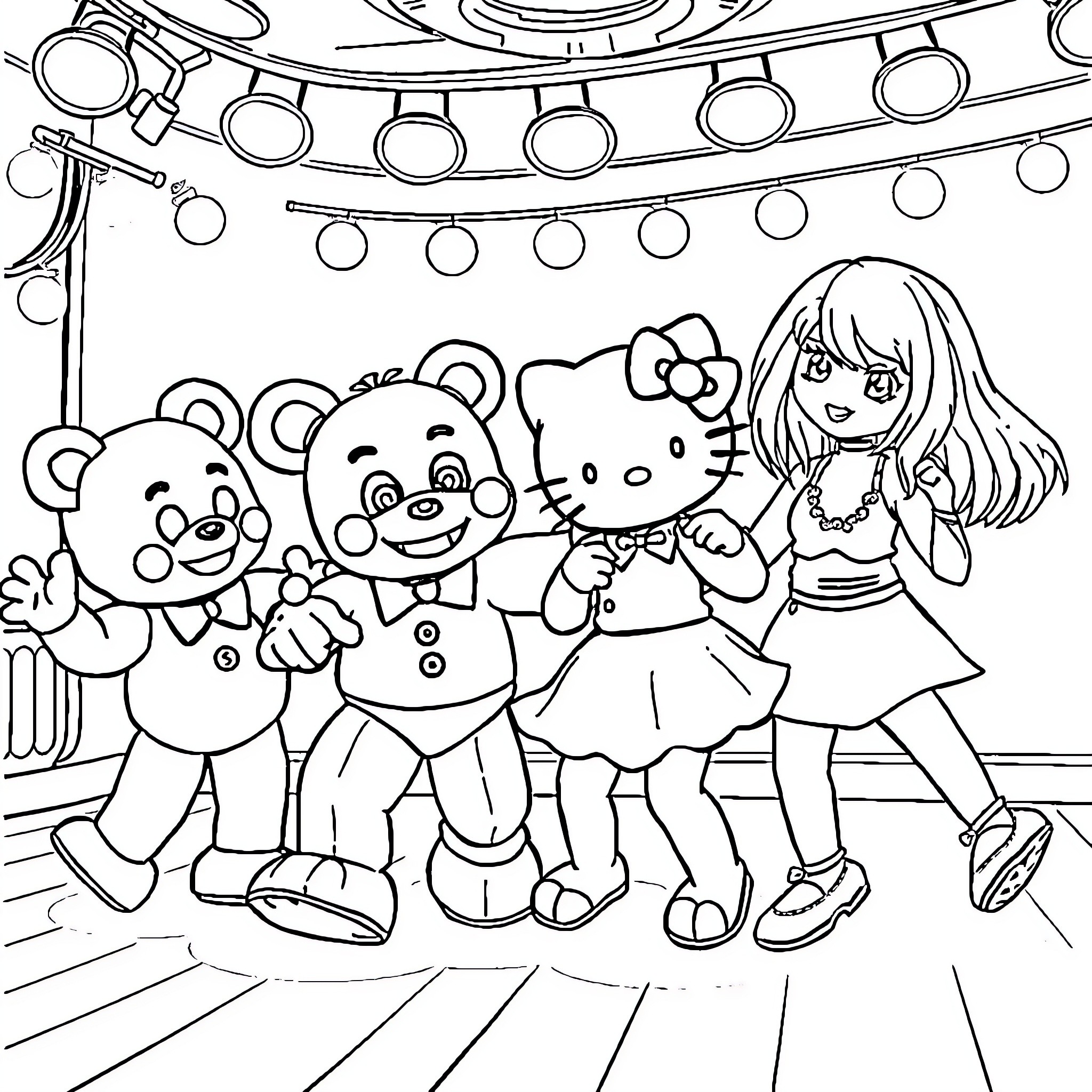 FNAF Characters Celebrating at Party Coloring Page (free black-and-white line drawing printable PDF for all, from beginners to advanced learners, including children, teens, adults, and seniors)