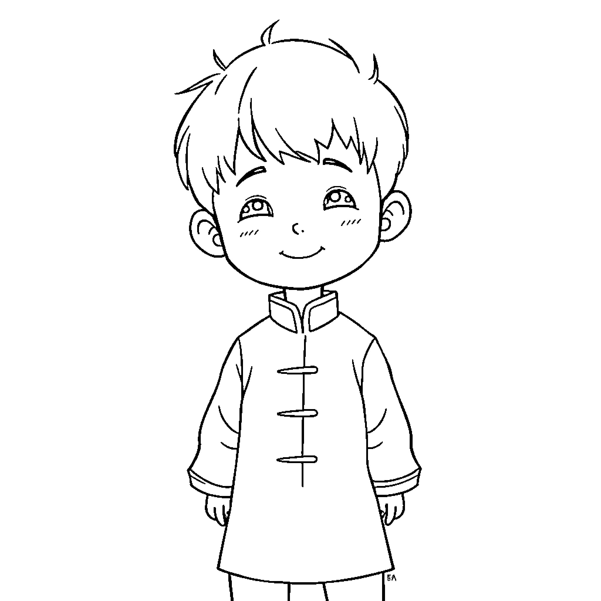 Boy in traditional Chinese outfit smiling happily Coloring Page (free black-and-white line drawing printable PDF for all, from beginners to advanced learners, including children, teens, adults, and seniors)