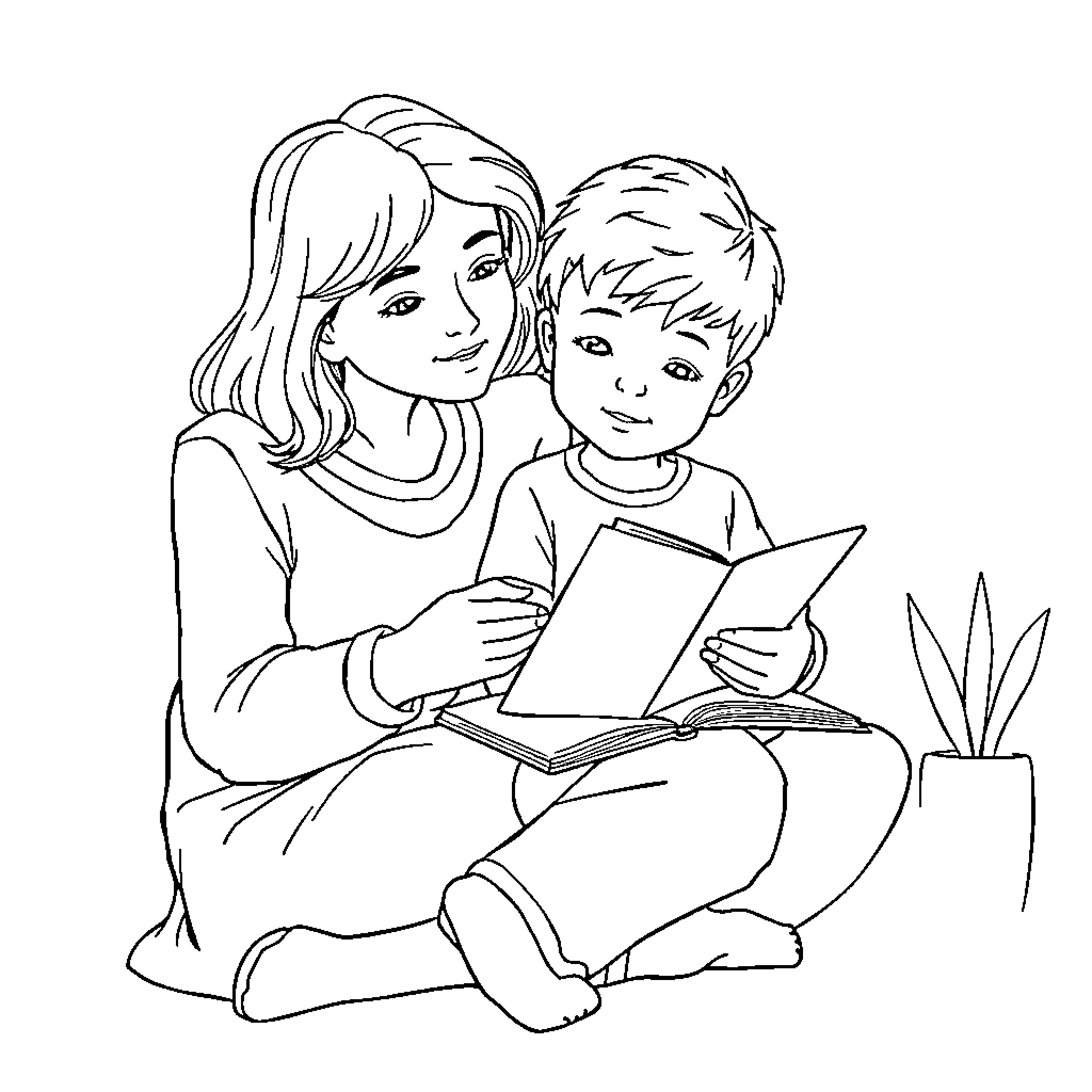 Boy reading book with his mother Coloring Page (free black-and-white line drawing printable PDF for all, from beginners to advanced learners, including children, teens, adults, and seniors)