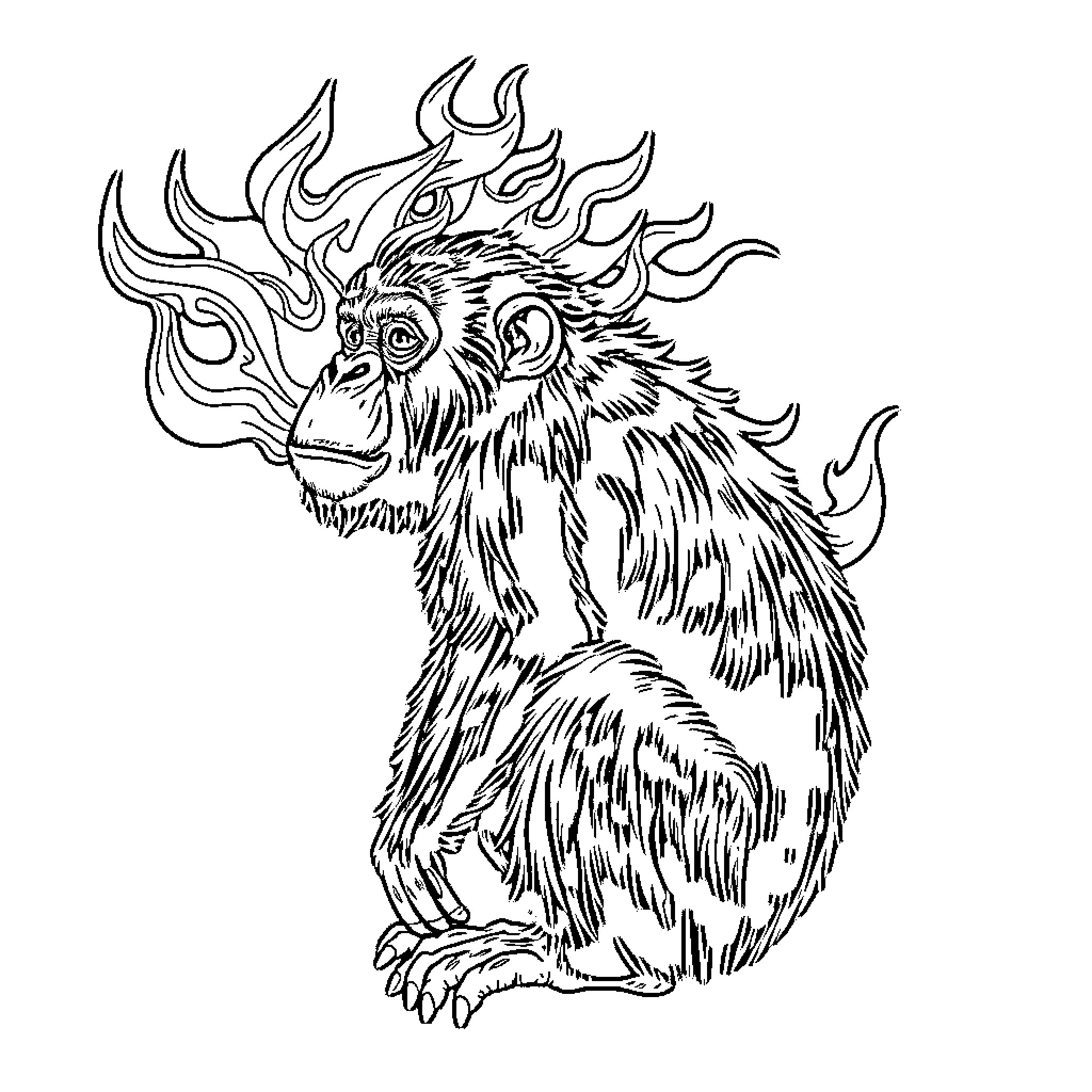 Monkey with fiery mane and intense expression Coloring Page (free black-and-white line drawing printable PDF for all, from beginners to advanced learners, including children, teens, adults, and seniors)