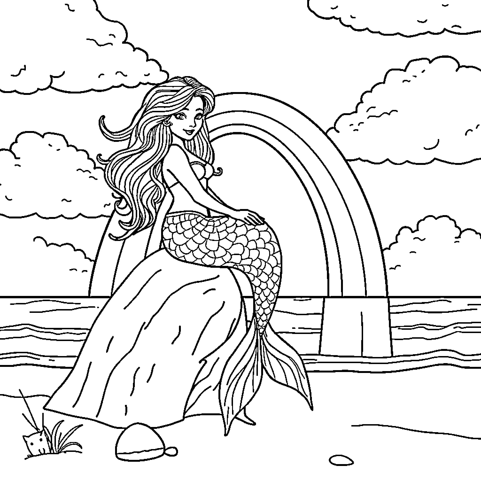 Mermaid basking in the ocean under a rainbow Coloring Page (free black-and-white line drawing printable PDF for all, from beginners to advanced learners, including children, teens, adults, and seniors)