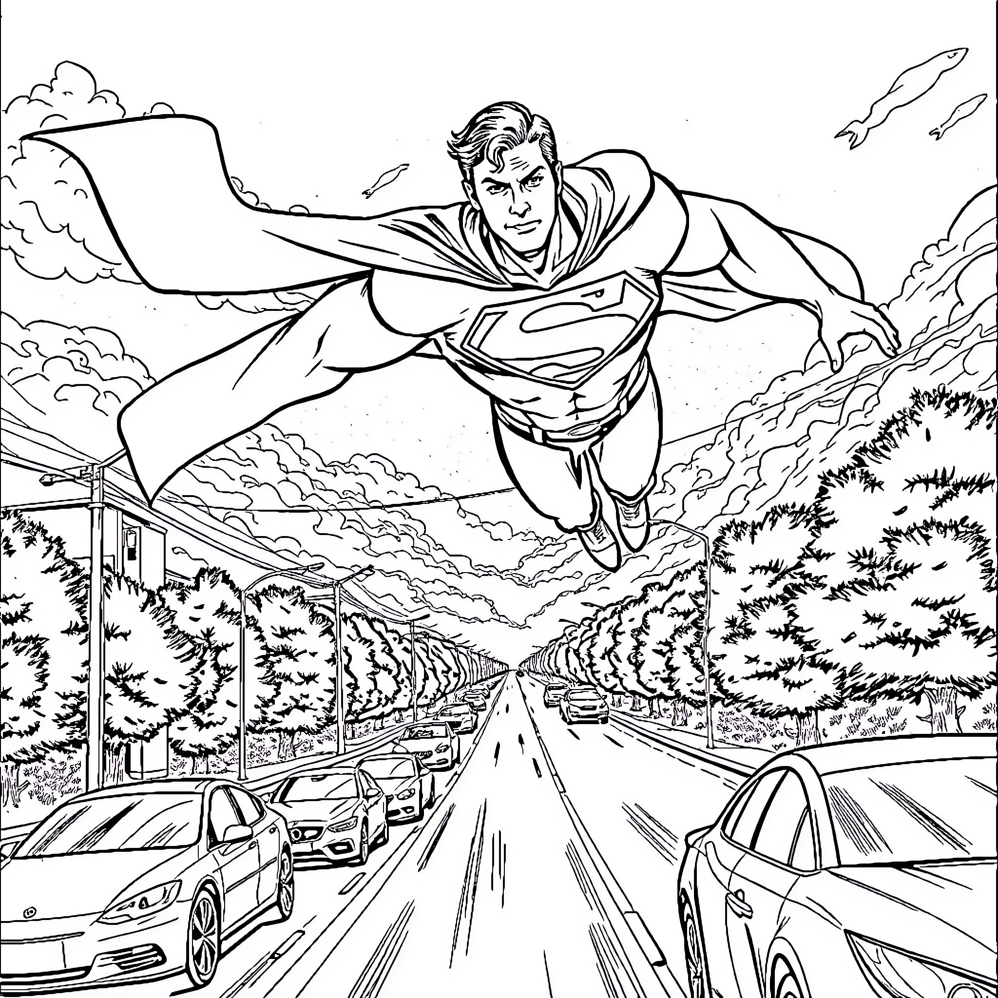 Superman soaring through the sky over a city Coloring Page (free black-and-white line drawing printable PDF for all, from beginners to advanced learners, including children, teens, adults, and seniors)