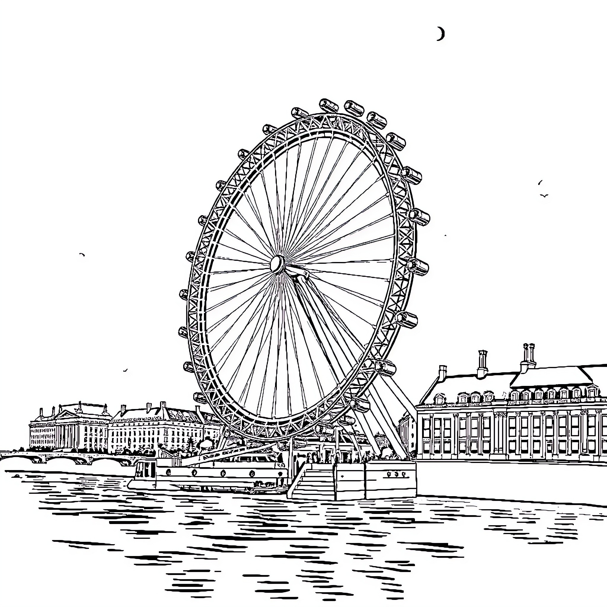 London Eye overlooking the city Coloring Page (free black-and-white line drawing printable PDF for all, from beginners to advanced learners, including children, teens, adults, and seniors)