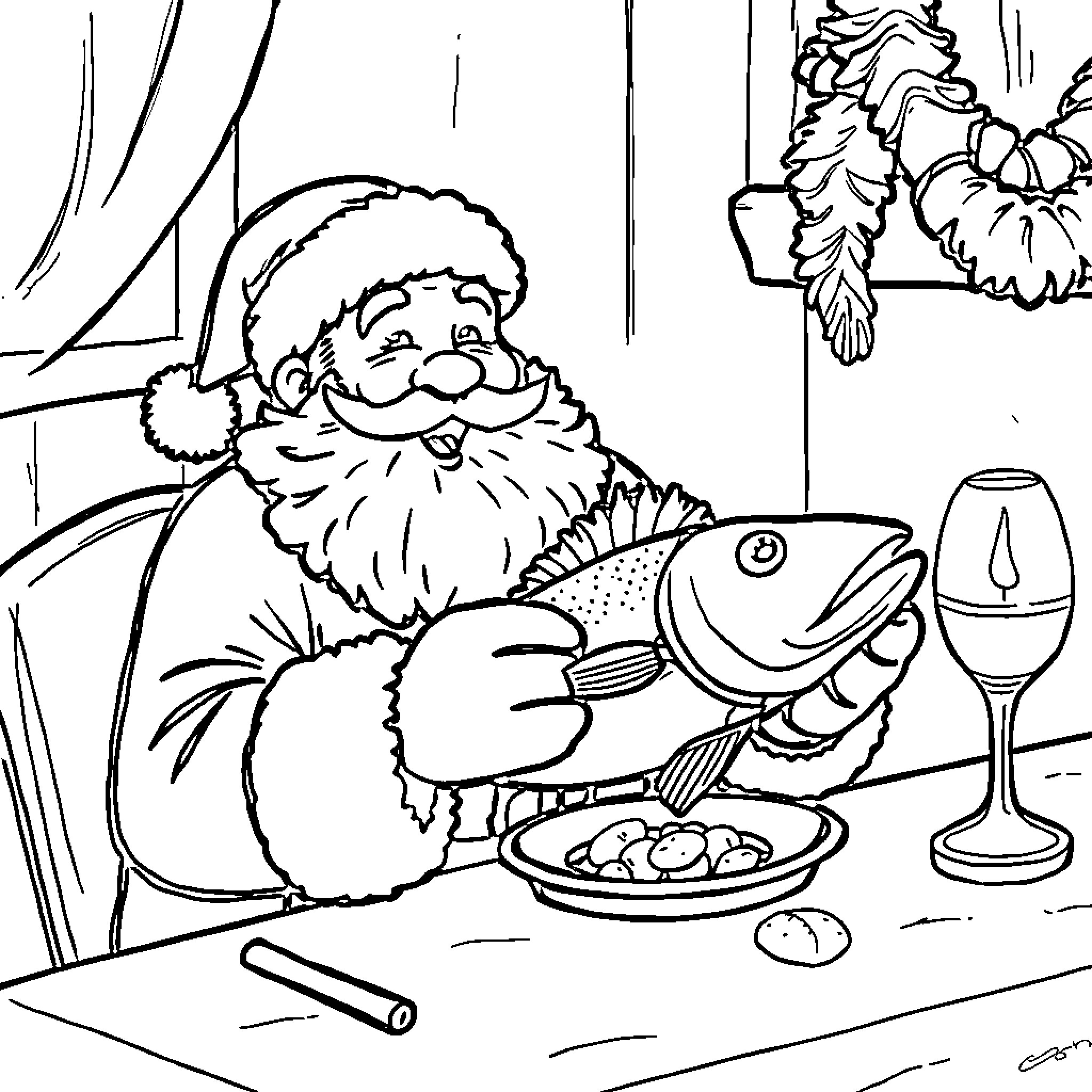 Santa enjoying a festive meal with a fish dish Coloring Page (free black-and-white line drawing printable PDF for all, from beginners to advanced learners, including children, teens, adults, and seniors)