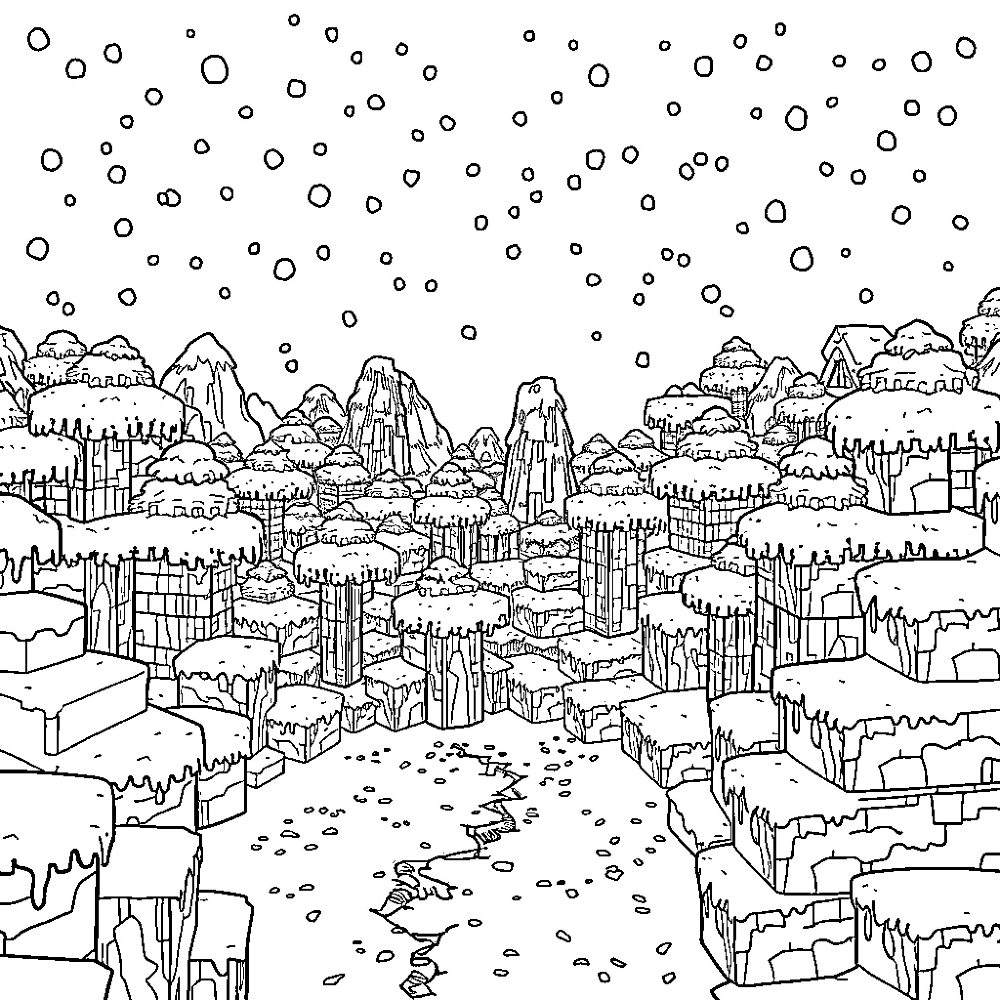 Minecraft Landscape with Mountainous Terrain and Architecture Coloring Page (free black-and-white line drawing printable PDF for all, from beginners to advanced learners, including children, teens, adults, and seniors)